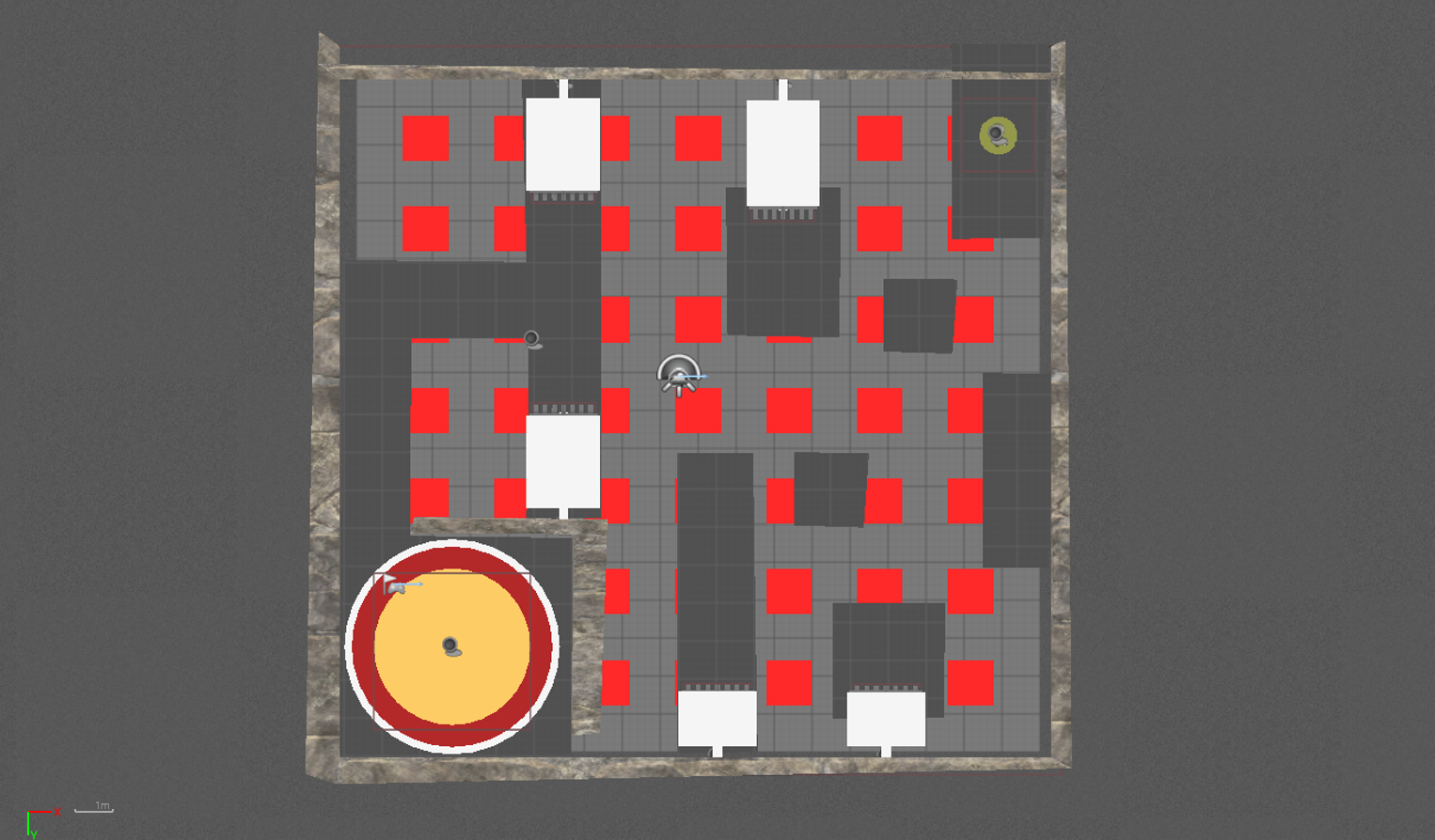 This level introduces dashing and forces the player to engage with this mechanic while avoiding the previously introduced traps on pistons.