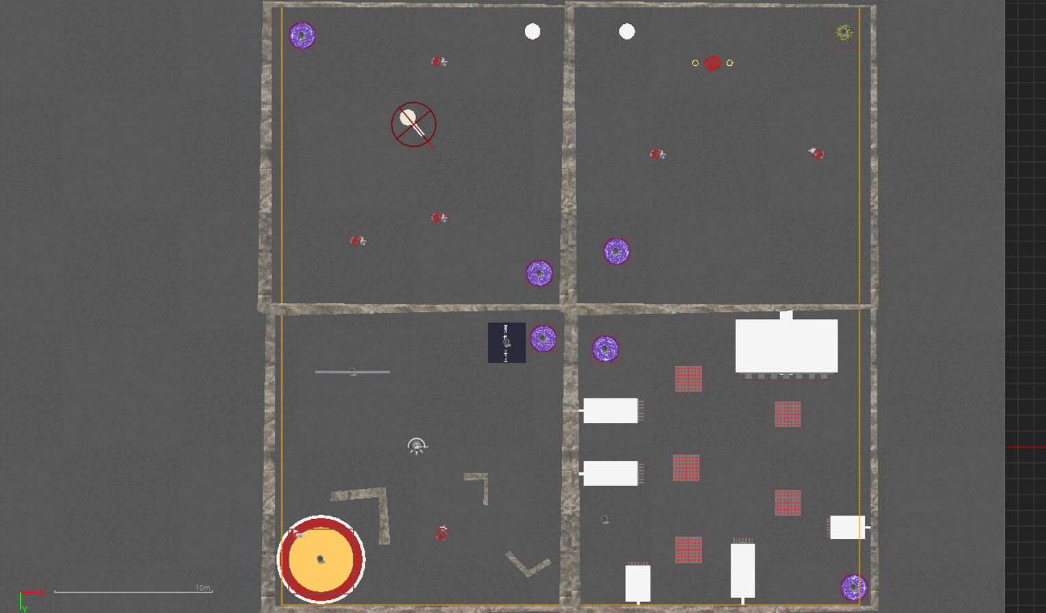 This level is one of the final ones that combines many of the previously incorporated mechanics. The player must navigate traps, turrets, and constantly spawning enemies using the teleporters to get around.