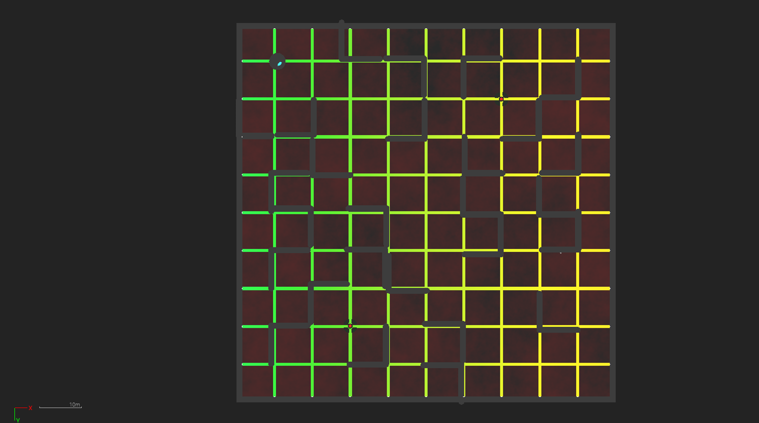 The color of the floor indicates location in the maze.