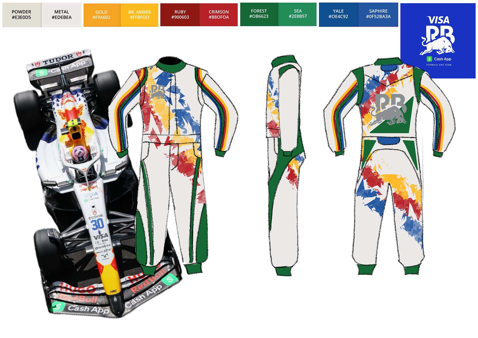 The splashed, layered graphic comes directly from my ink-and-water experiments: petal-like bursts translate into tyre spray and heat trails.