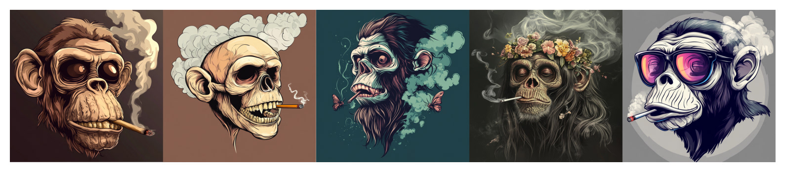 A visual requiem for the end of indulgence.  This collection of surreal, symbolic portraits explores the tension between decay and defiance. Each anthropomorphic ape skull smokes a final cigarette — a last ritual of pleasure, identity, or rebellion before vanishing into smoke.  With five core archetypes, repeated in limited editions of five, the series examines how we hold on to rituals, even as everything collapses around us. Crowned with flowers, surrounded by moths, hidden behind sunglasses or lost in smoke — each character reflects a fragment of a society facing extinction, yet unwilling to let go of its last comforts.