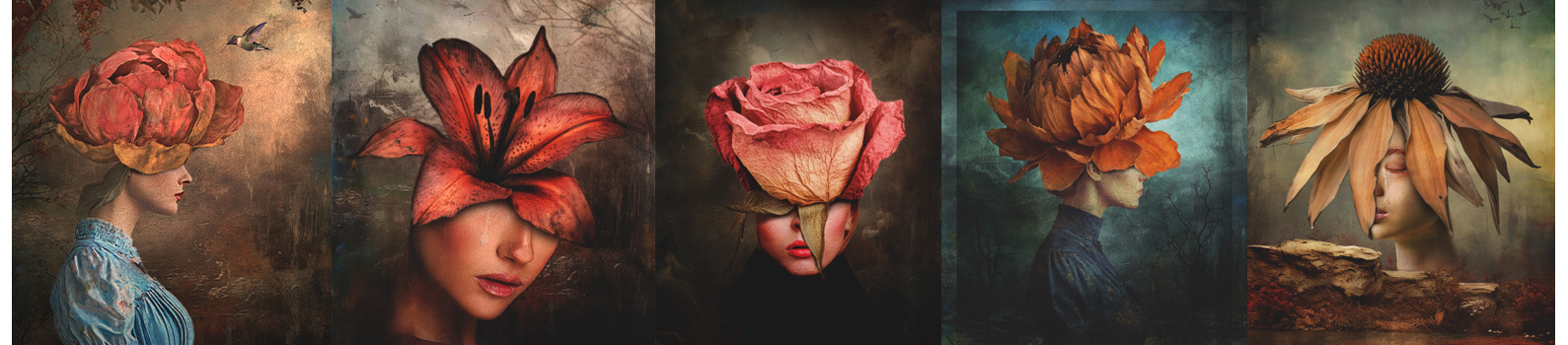 Petals of the Veiled Soul is a collection of surreal portraits that merge human vulnerability with the delicate, fleeting beauty of nature. Each artwork explores themes of identity, silence, and the hidden scars we carry beneath serene surfaces. Through striking floral elements and symbolic imagery, the collection invites viewers on a journey into the quiet spaces where the soul blooms, withers, and renews itself in silence.