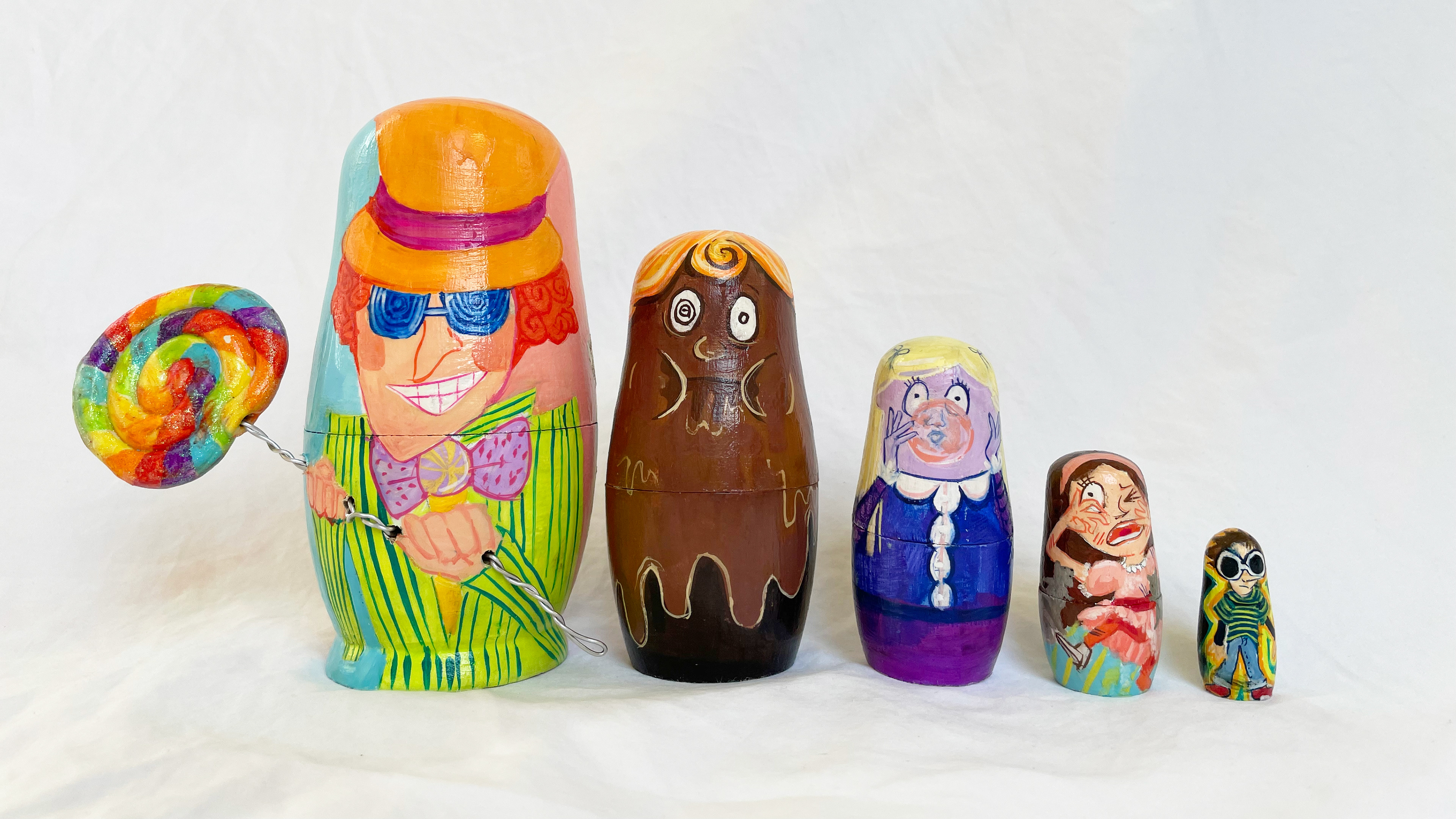 'Charlie and the Chocolate Factory' Painted Nesting Dolls, Gouache, 2024