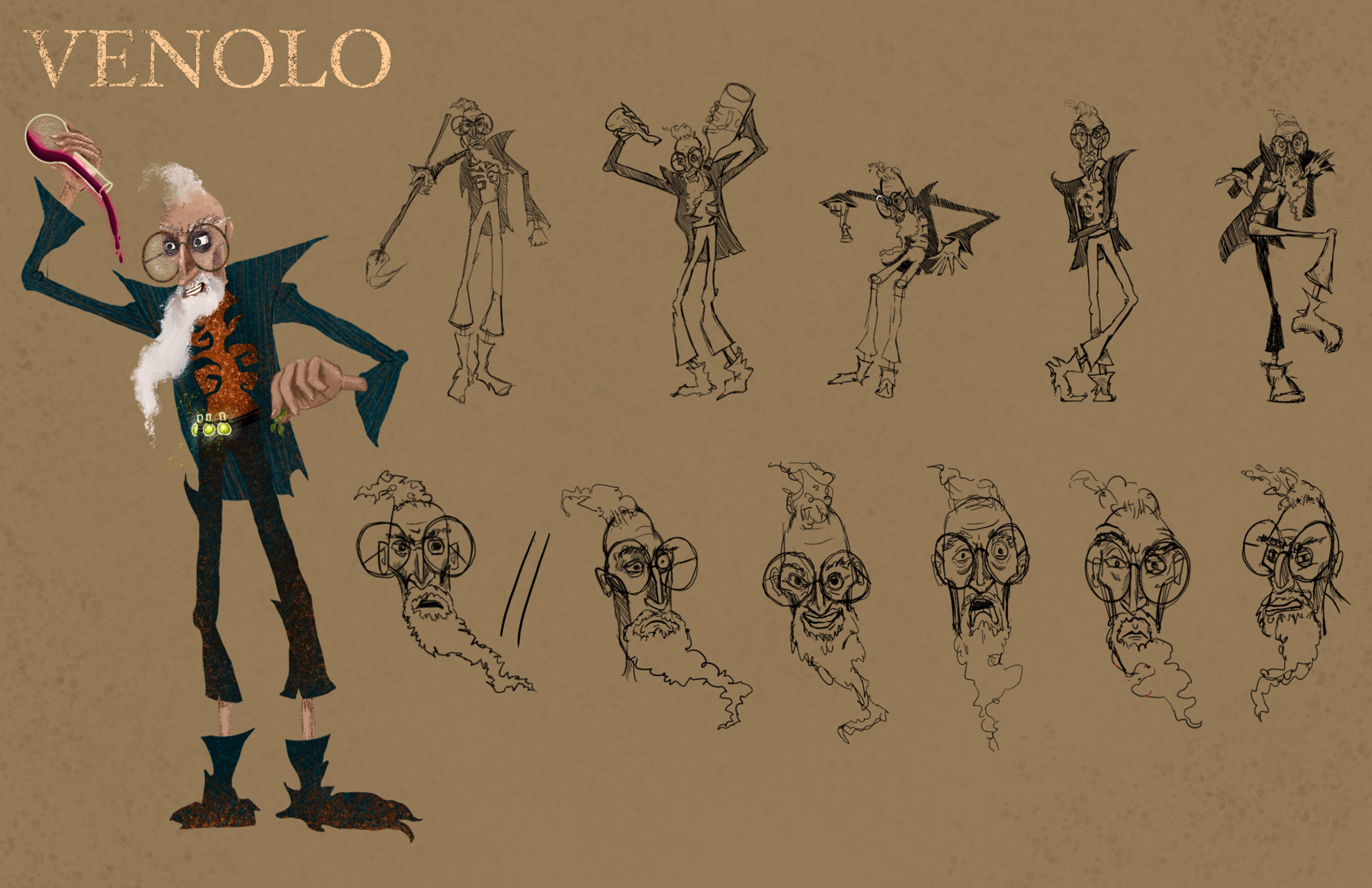 Final 'Venolo' Character Design with Key Poses and Facial Expressions