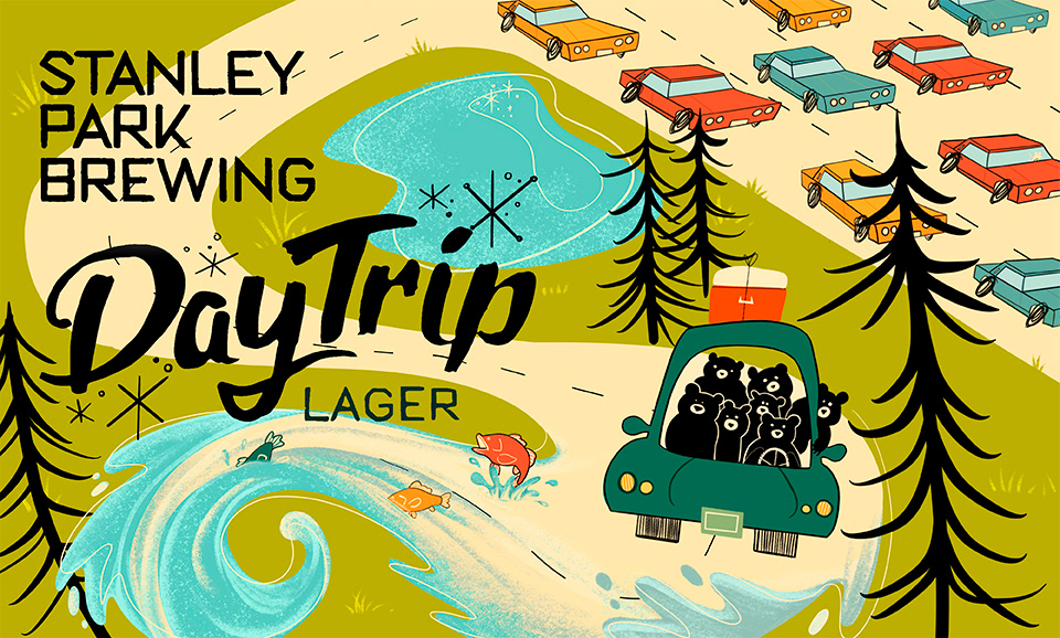 Package illustration for Stanley Park Brewing's 'Day Trip Lager'