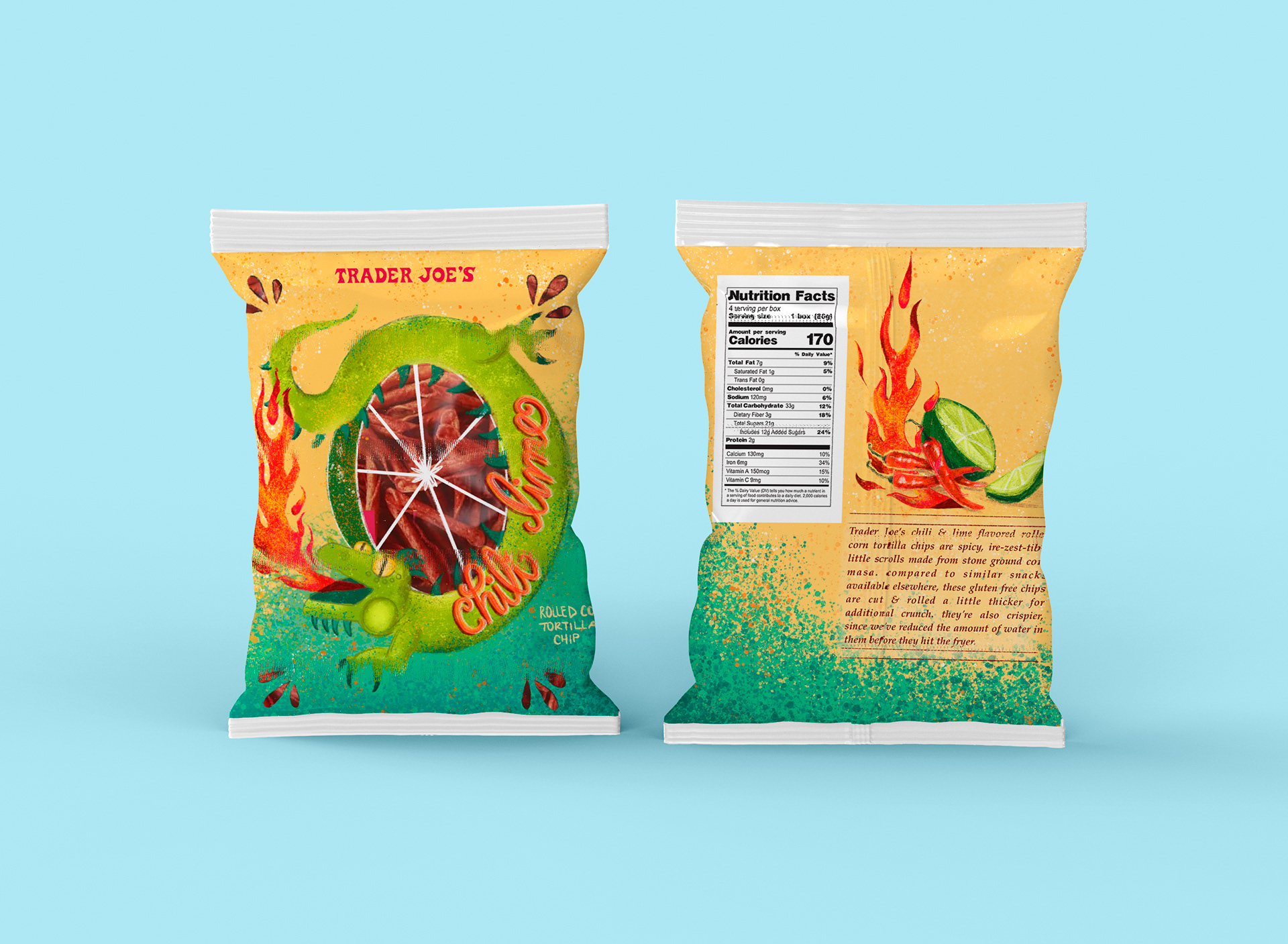 Trader Joe's Chili Lime Rolled Tortilla Chips Package Mock Up