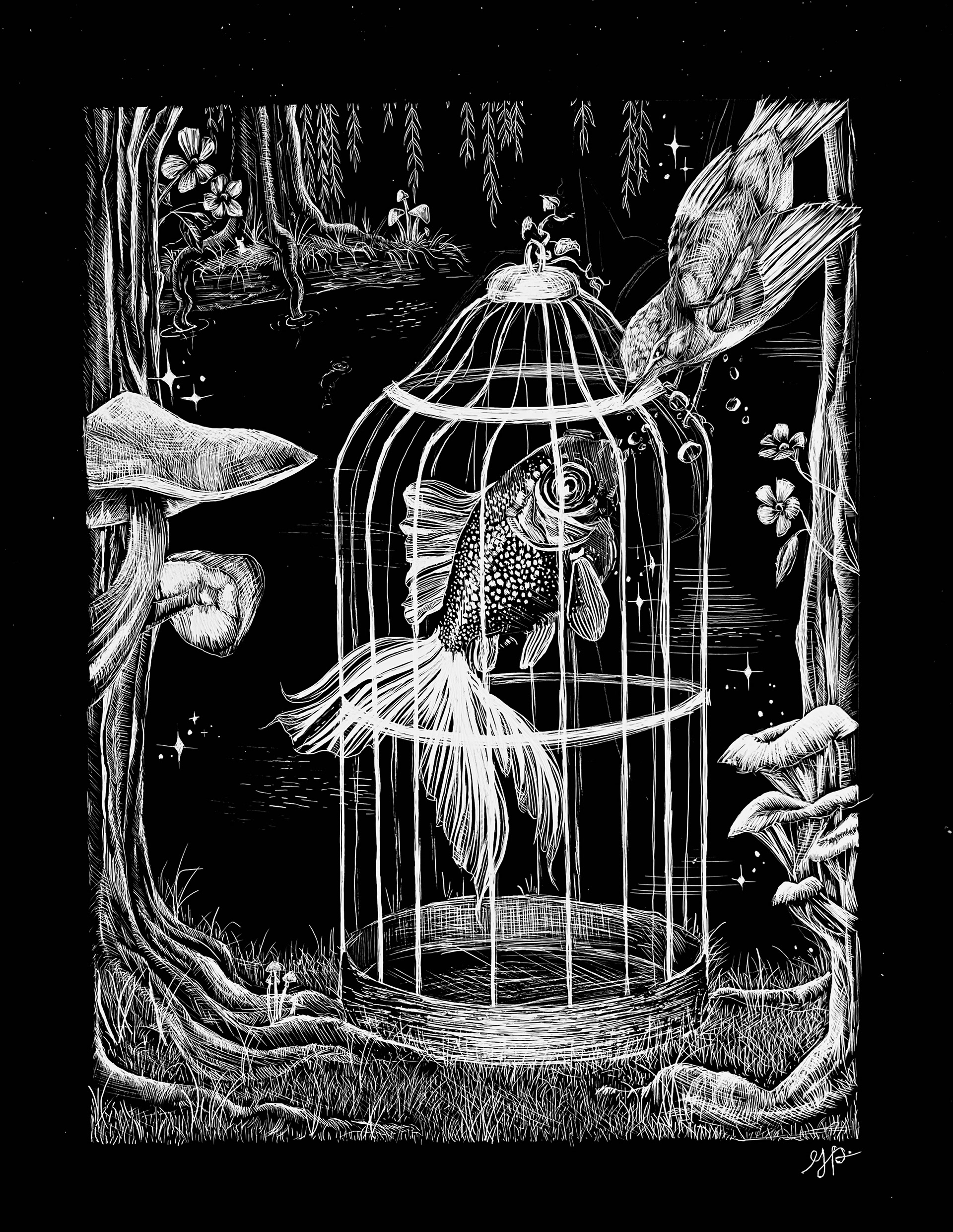 'Fish in a Birdcage,' Scratchboard, 8 x 10 in., 2023
