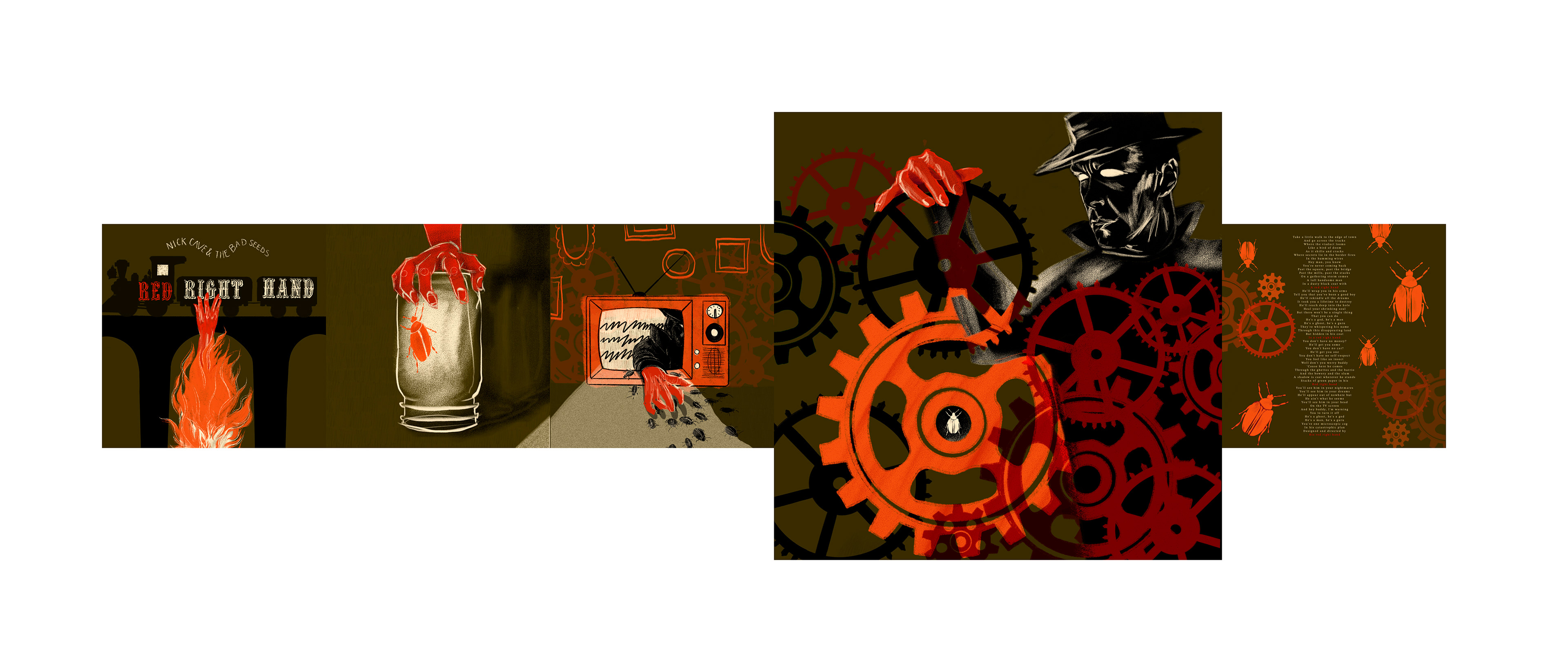 Mock-up for Five-Panel Illustrated Booklet for lyrics of 'Red Right Hand' by Nicke Cave and the Bad Seeds, Digital,2024