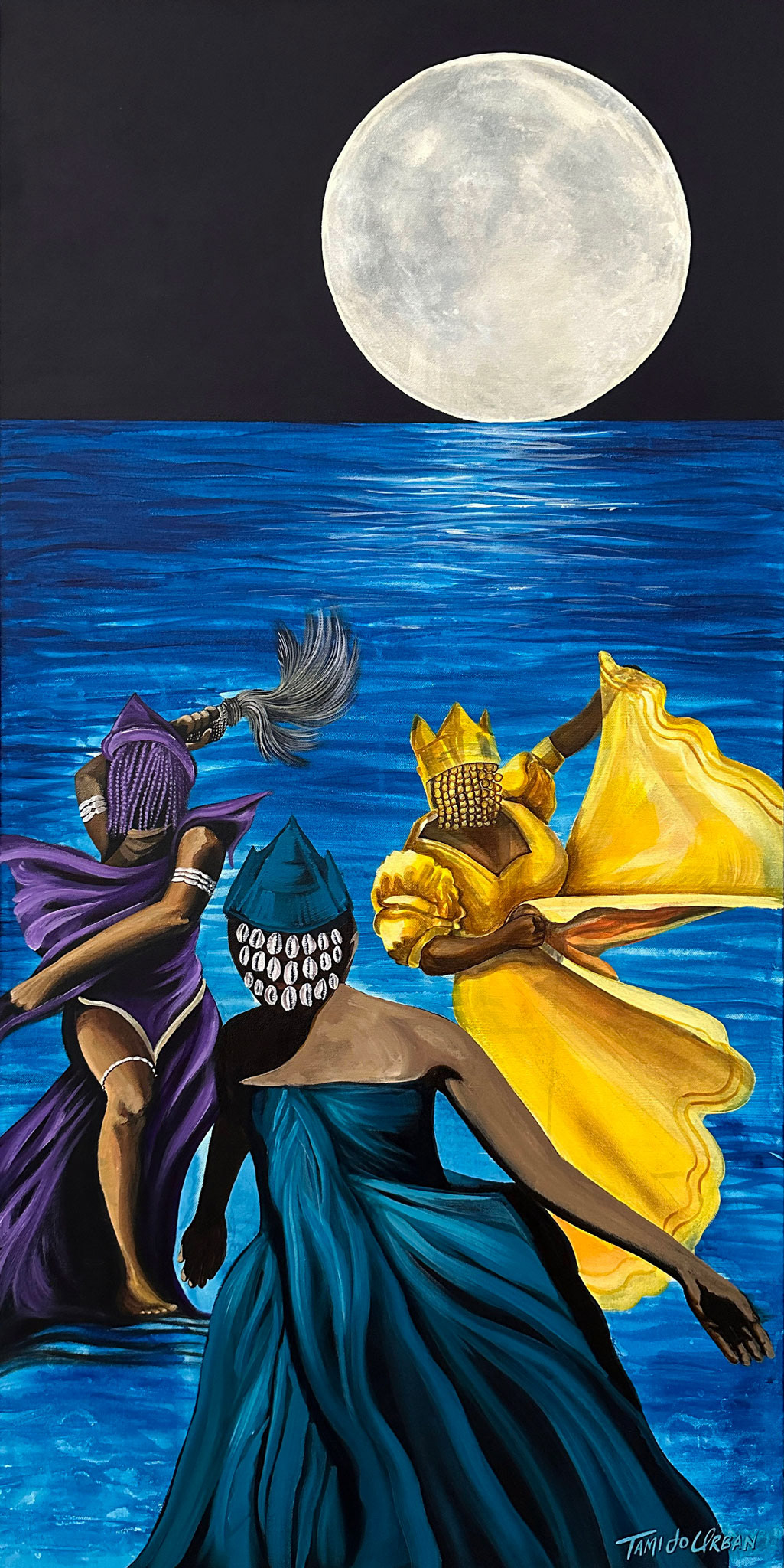 The OG Influencers: Oyá, Yemojá Mayelewo, Oshún Ibú Kolé | Acrylic on canvas | 24 x 48 inches