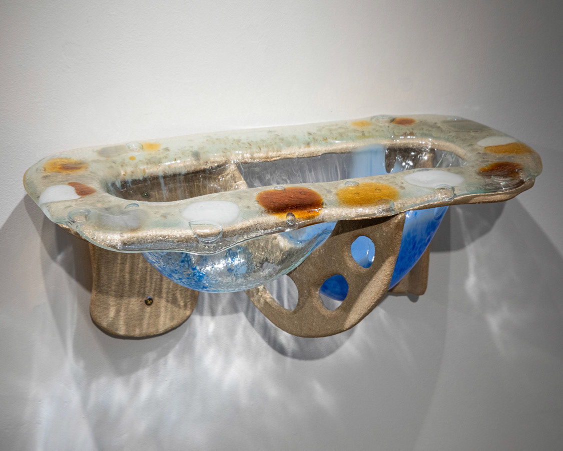  'You see right through my Membrane (drop)', stoneware bracket, kiln-formed glass