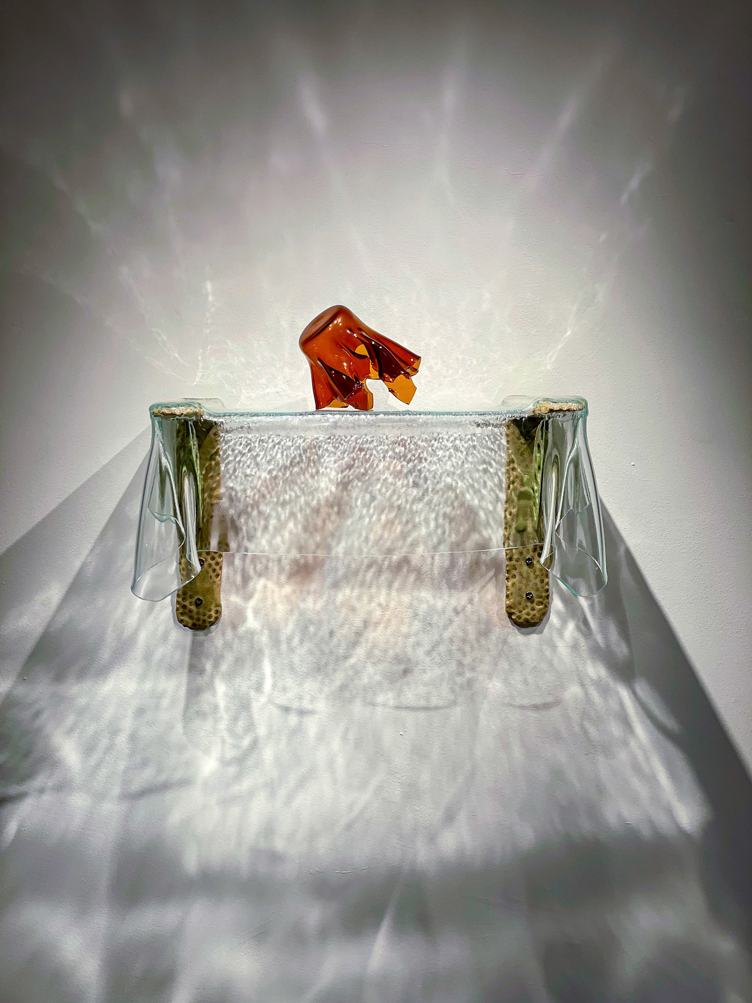 'You see right through me – "Art is only for beginners",' glazed stoneware brackets, kiln-formed glass