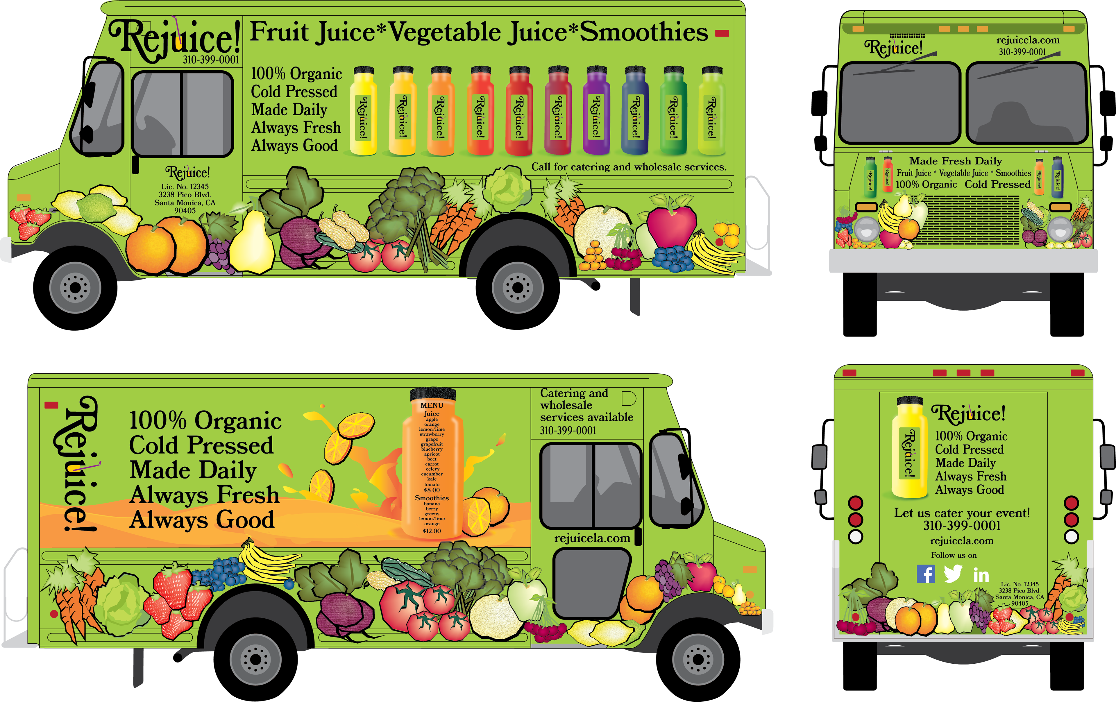 Title: Rejuice Food Truck | Project: Logo Rebrand, Illustrations, Food Truck Mock Up | Graphic Design Digital Illustration | Tools: Adobe Illustrator
