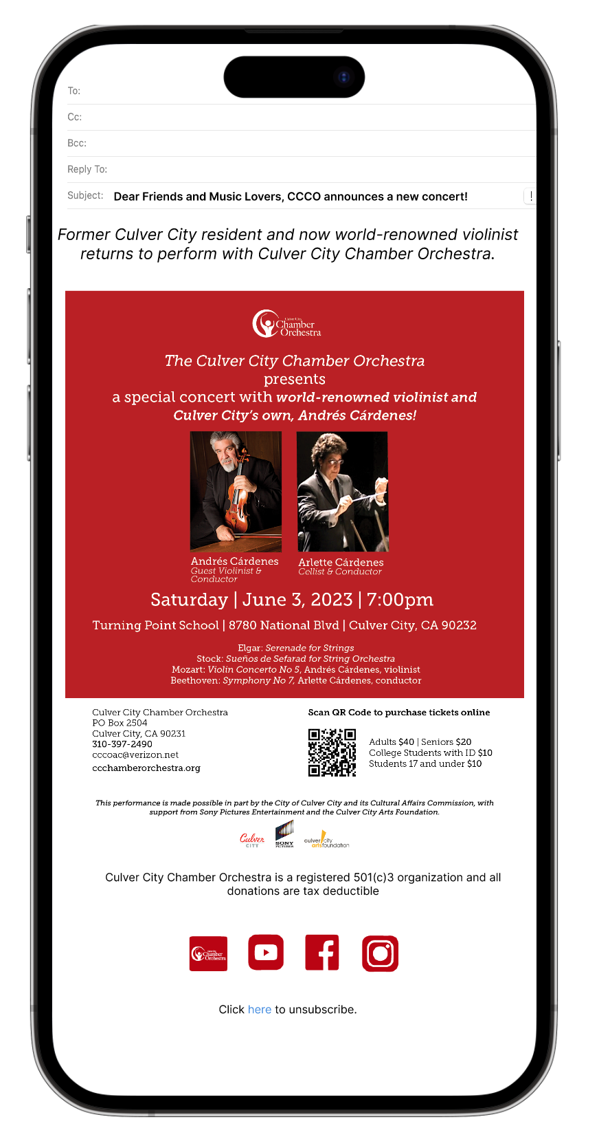 Culver City Chamber Orchestra Email Blast May 2023