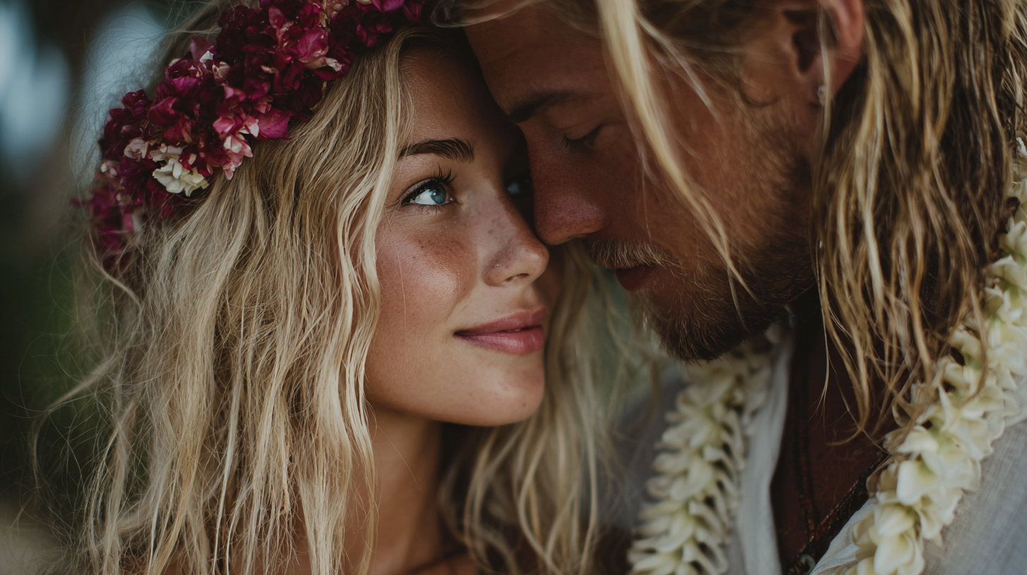 Romance unfolding in Maui wedding sunlight