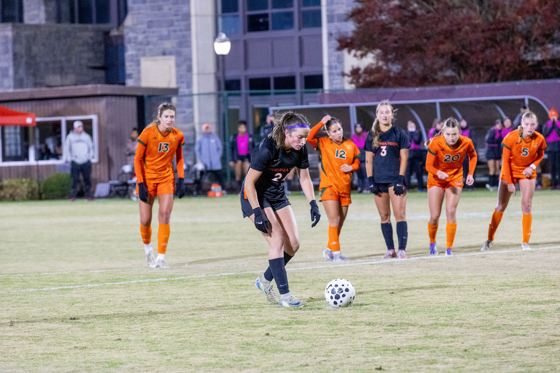 Virginia Tech forward Natalie Mitchell (24) steps up for the decisive penalty kick