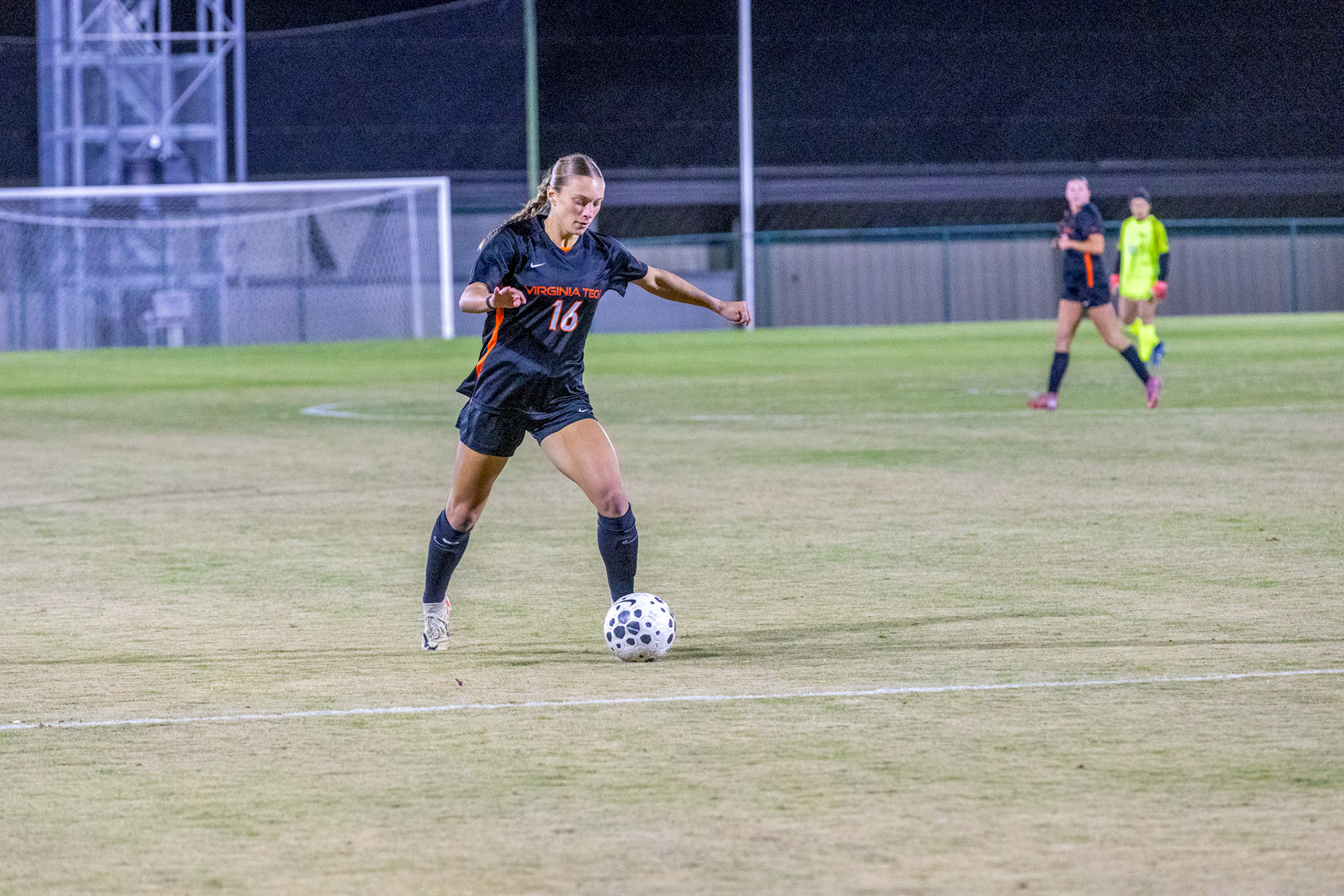 Virginia Tech forward Ella Valente (16) steps up to take a shot on goal