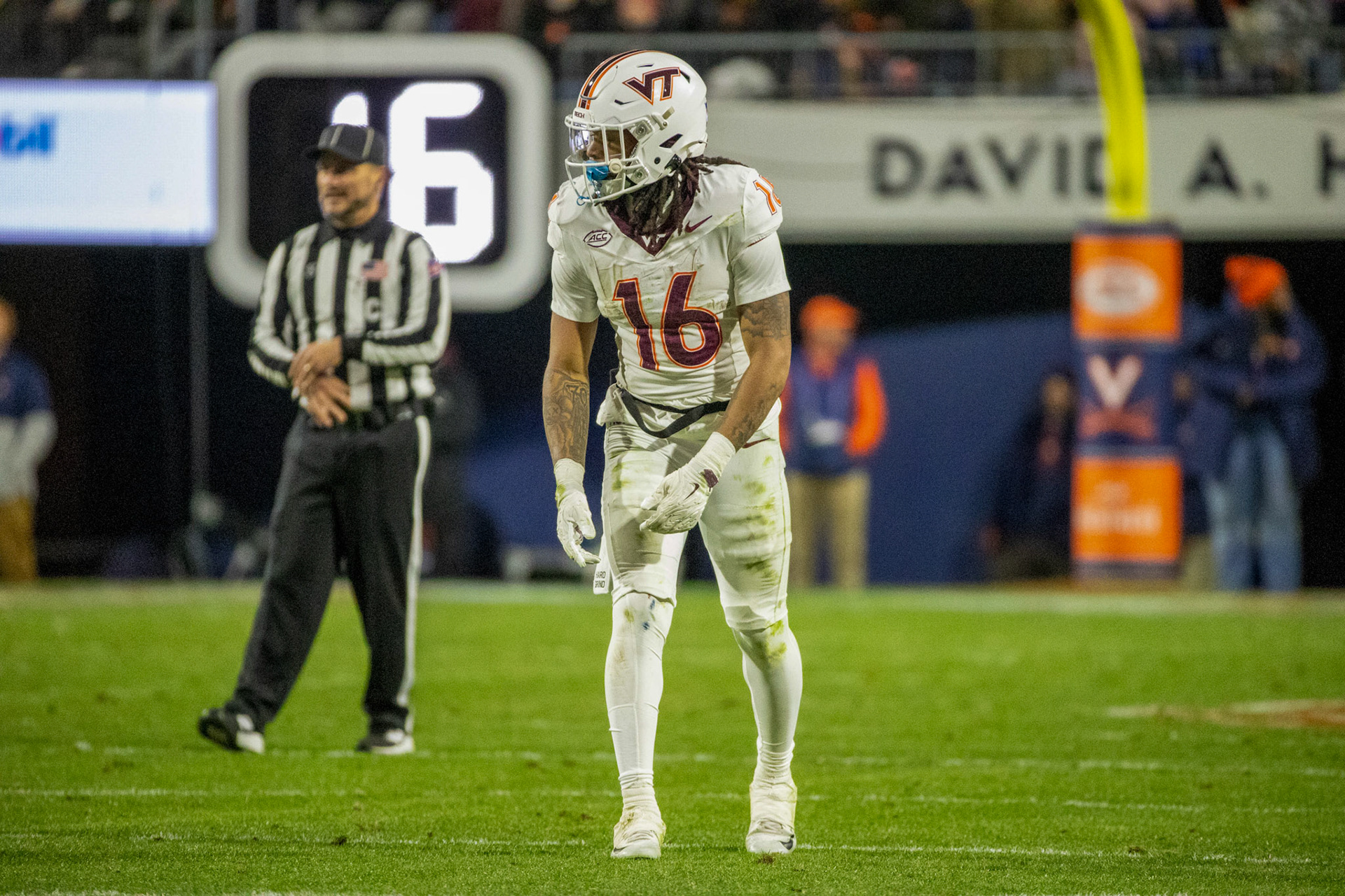 Virginia Tech running back Jeffrey Overton Jr. gets set at the line of scrimmage