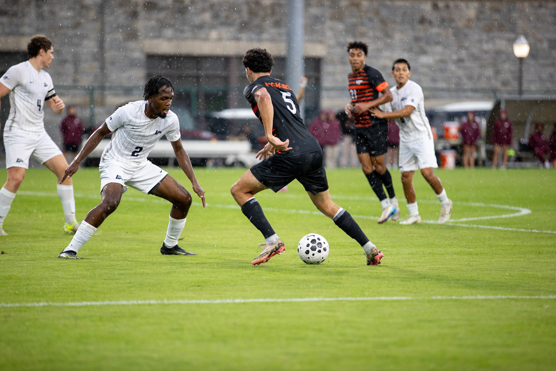 Yanis Belatrache (5) takes on the left back down the wing