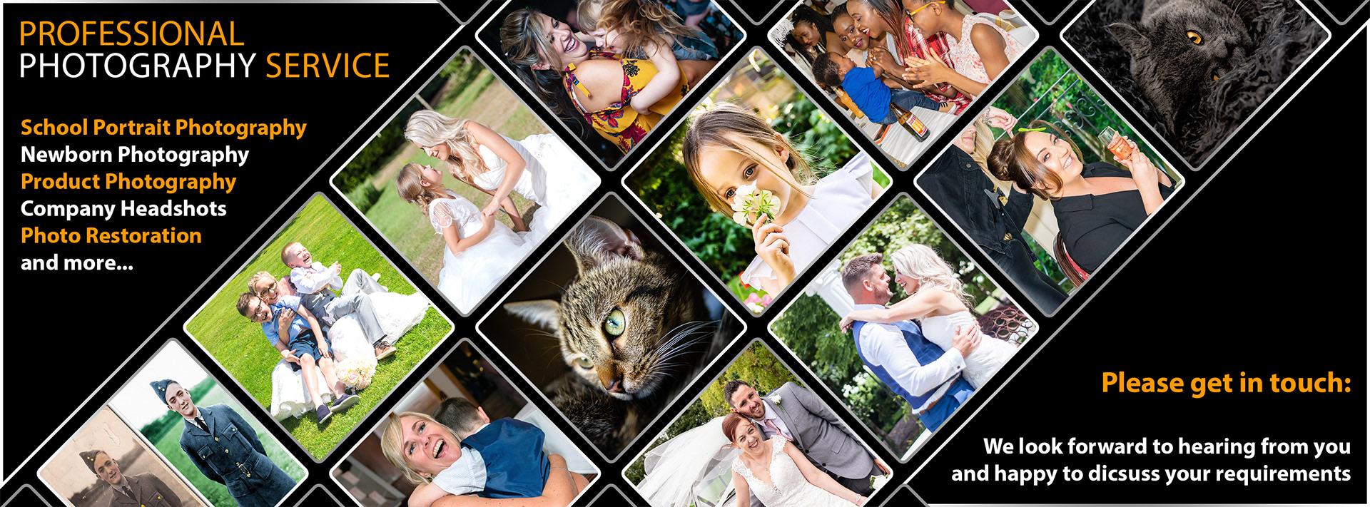 Banner for website page highlighting commercial photography services: School Portraits, Product Photography, Staff Headshots and Photo Restoration Service.