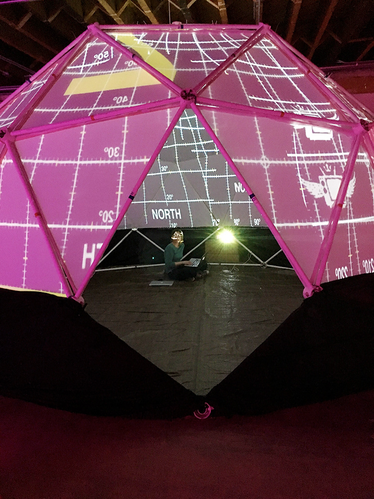 Three projectors were mapped into a sphere shape using BlendyDome Software