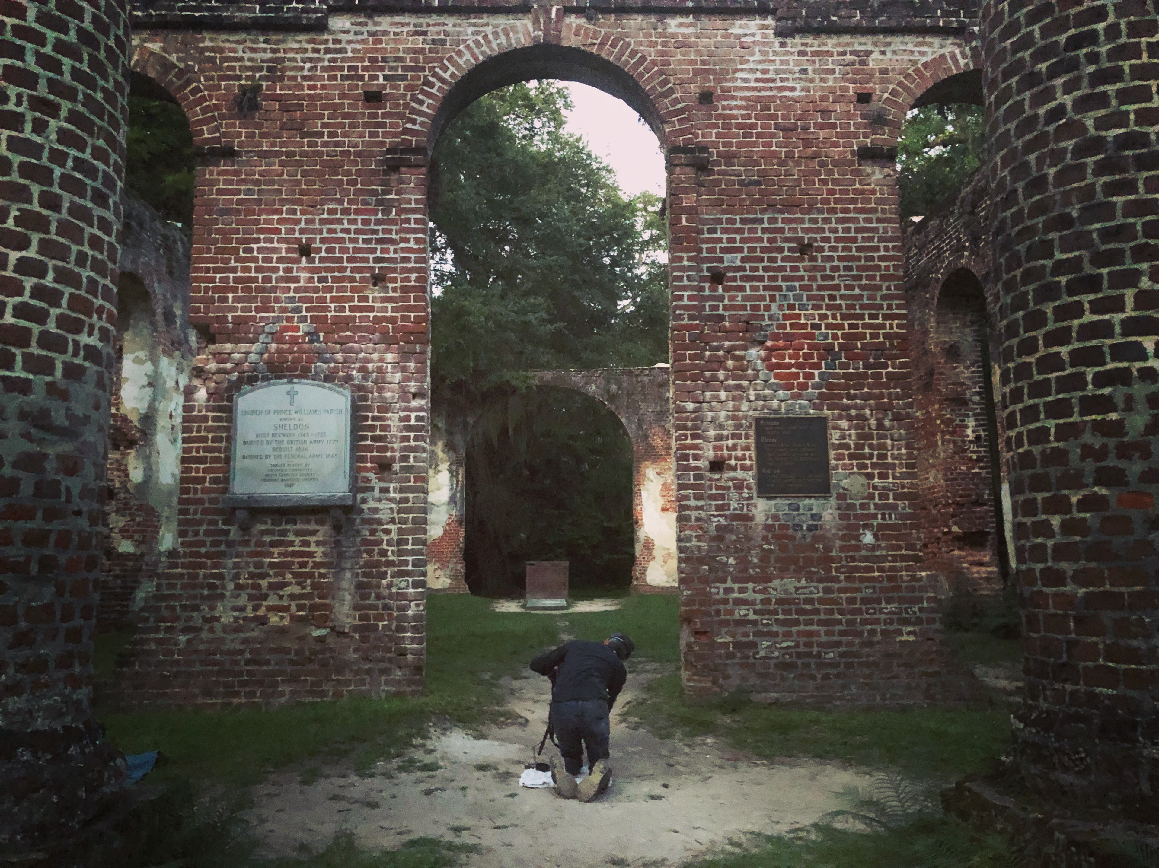 Setting up to film the Old Sheldon Church Ruins in SC
