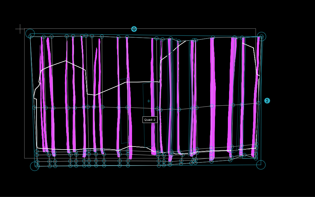 Mesh warping in MadMapper used to align the template with the trees and architecture. Bright colors used for visibility.