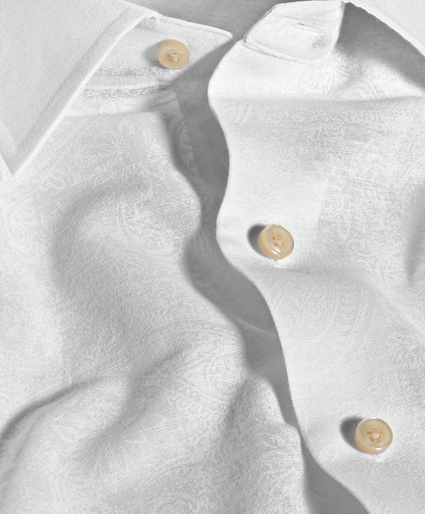 White Linen Paisley Print Sport Shirt