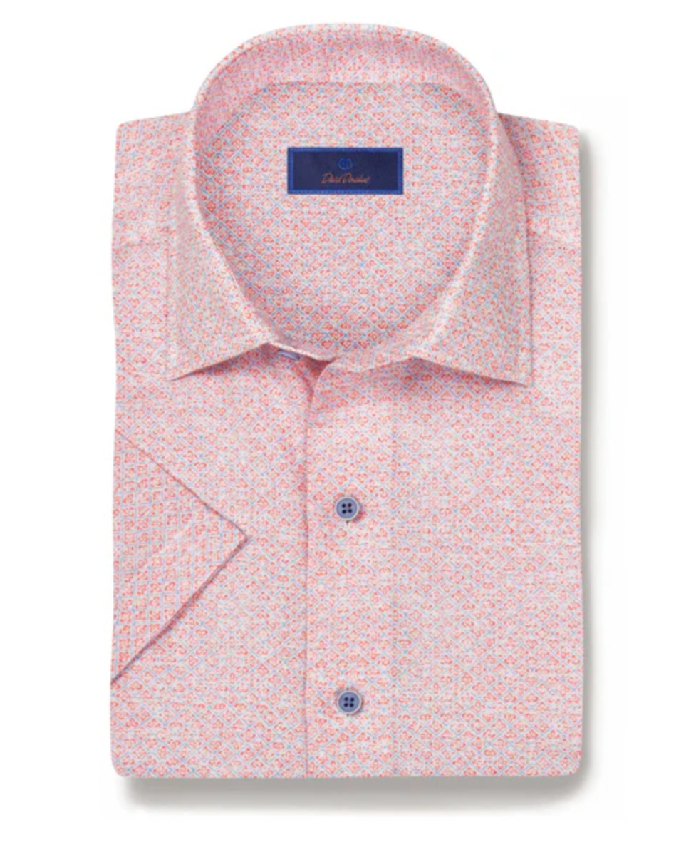 Coral Linen Neat Print Short Sleeve Shirt