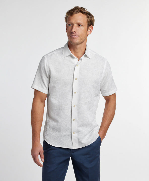 White Linen Paisley Print Sport Shirt