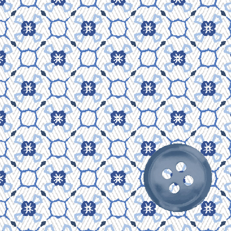 White & Blue Geometric Herringbone Print with Blue Shiny Button