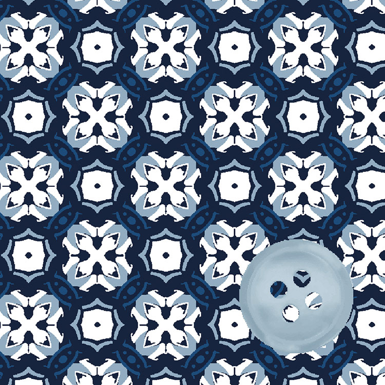 Navy Geometric Sateen Print with Sky Shiny Button