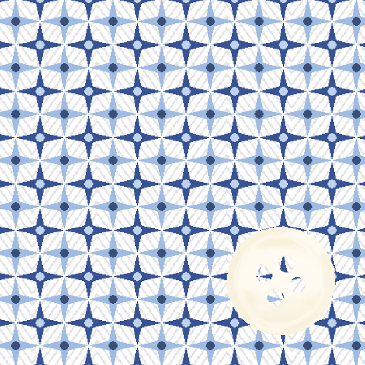 White & Blue Geometric Herringbone Print with Ecru Shiny Button