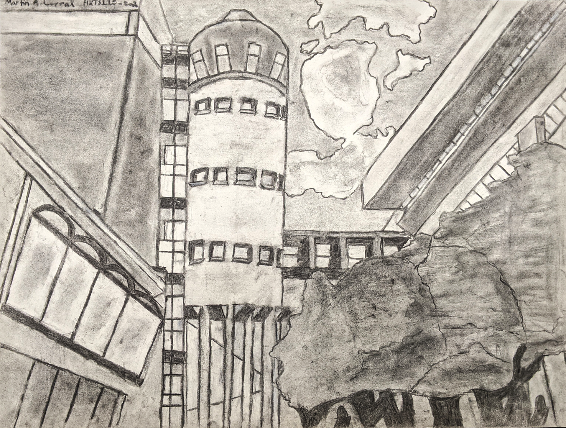 TAMU Evans Library & Annex Landscape Campus View with Buildings and Trees, 2022, Charcoal/Drawing Paper, 24"x18" in.