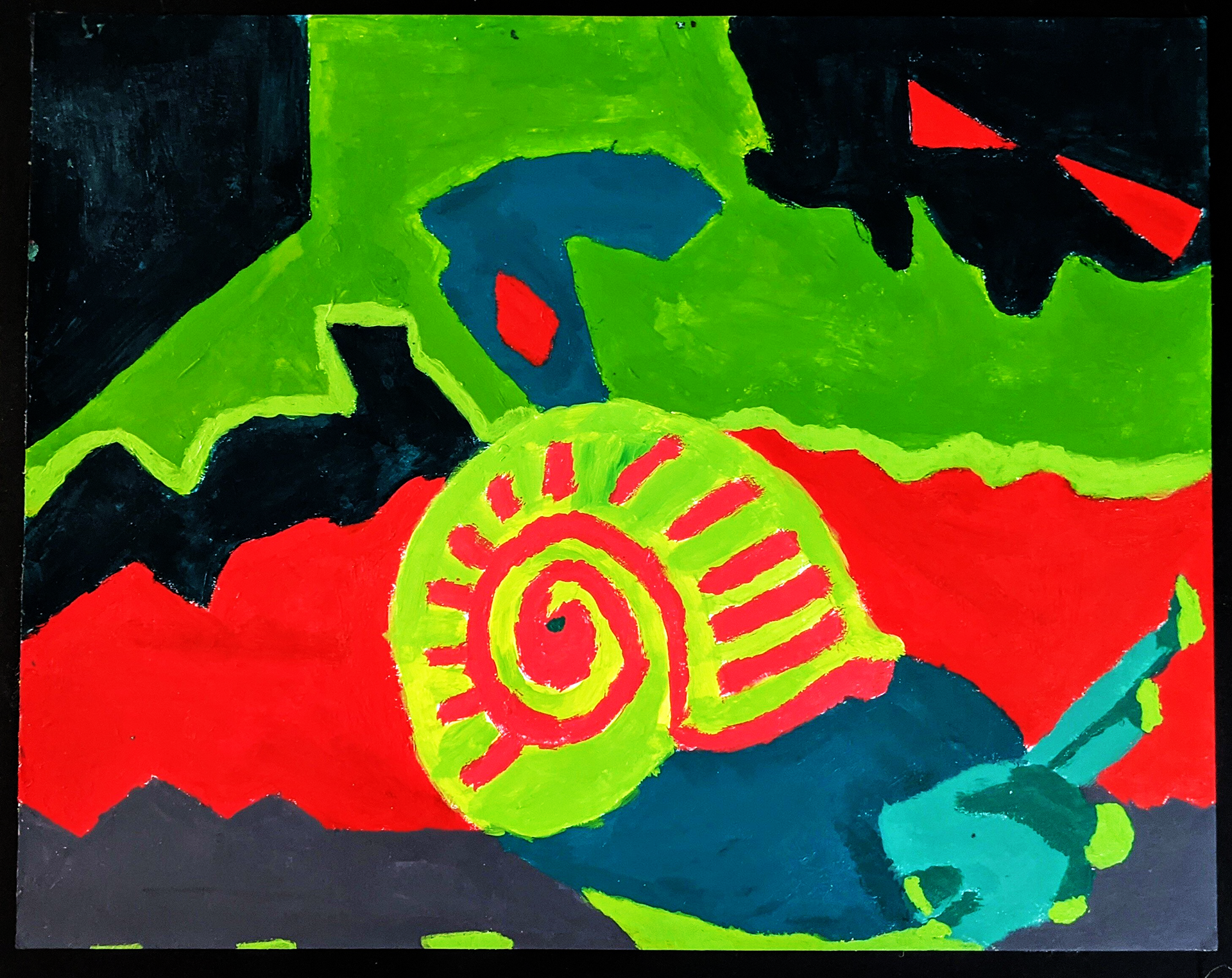 "The Snail" Split-Complimentary Colors Painting, 2024, Acrylic Paint/Bristol Paper/Black Matboard/Paintbrushes/Rubber Cement, 15"x12" in.