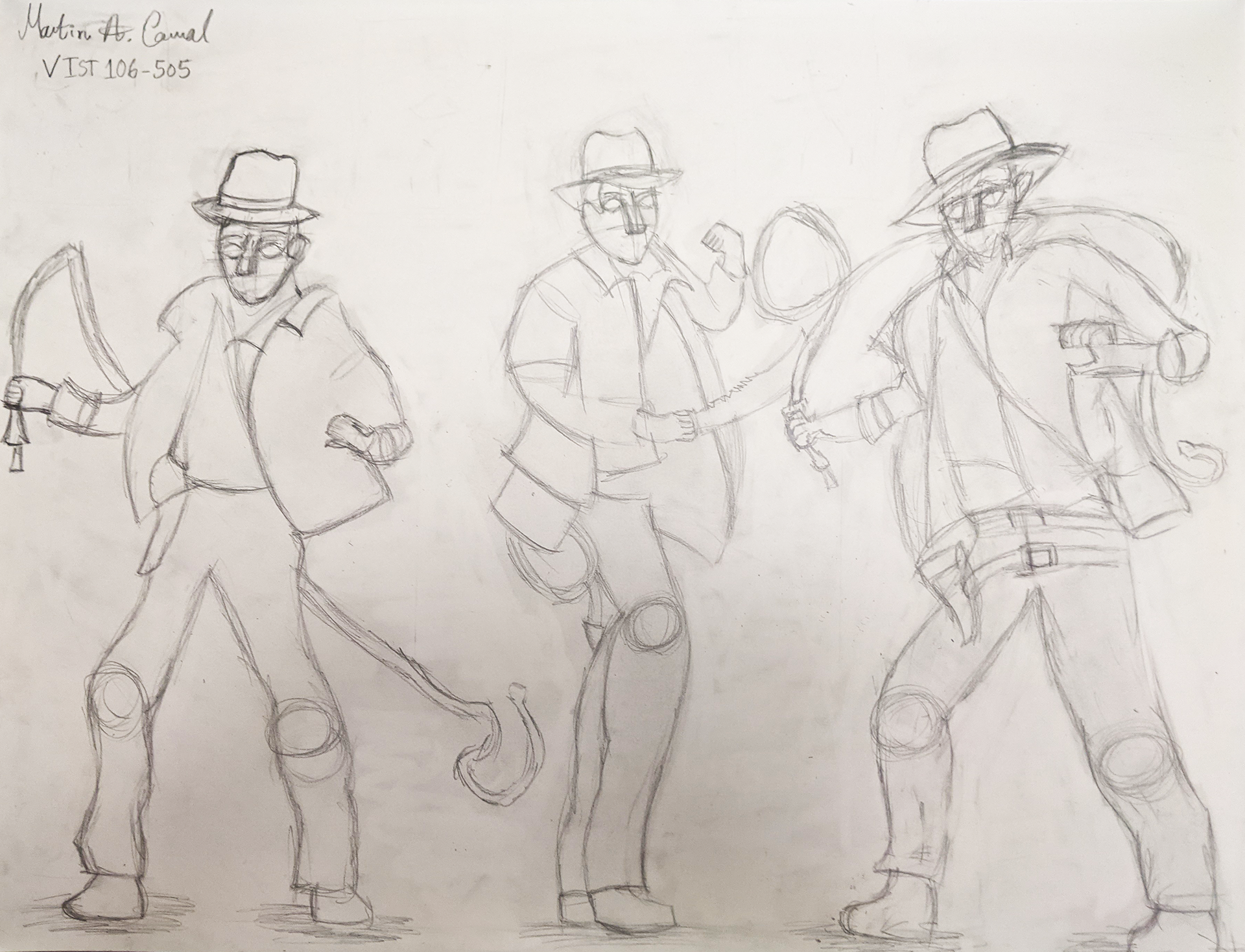Indiana Jones Inspired Dynamic 3-Figure Pose Drawing, 2023, Drawing Paper/Graphite Pencil, 24"x18" in.