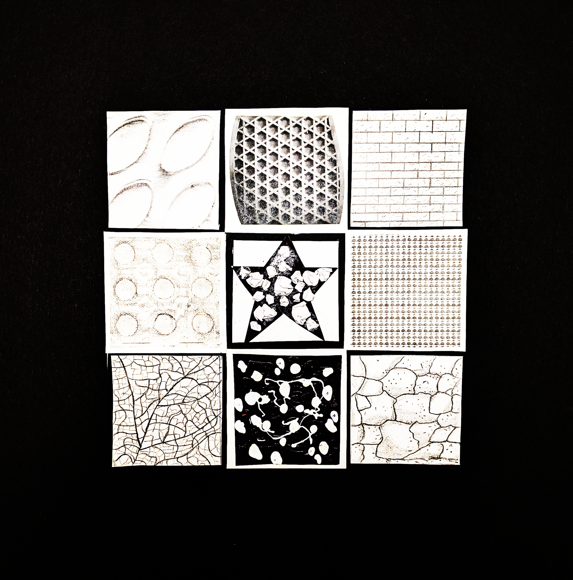 Value and Texture, 2022, Bristol Paper/Black Cardstock Paper/Black Matboard/Acrylic Paint/Rubber Cement, 11"x11" in.