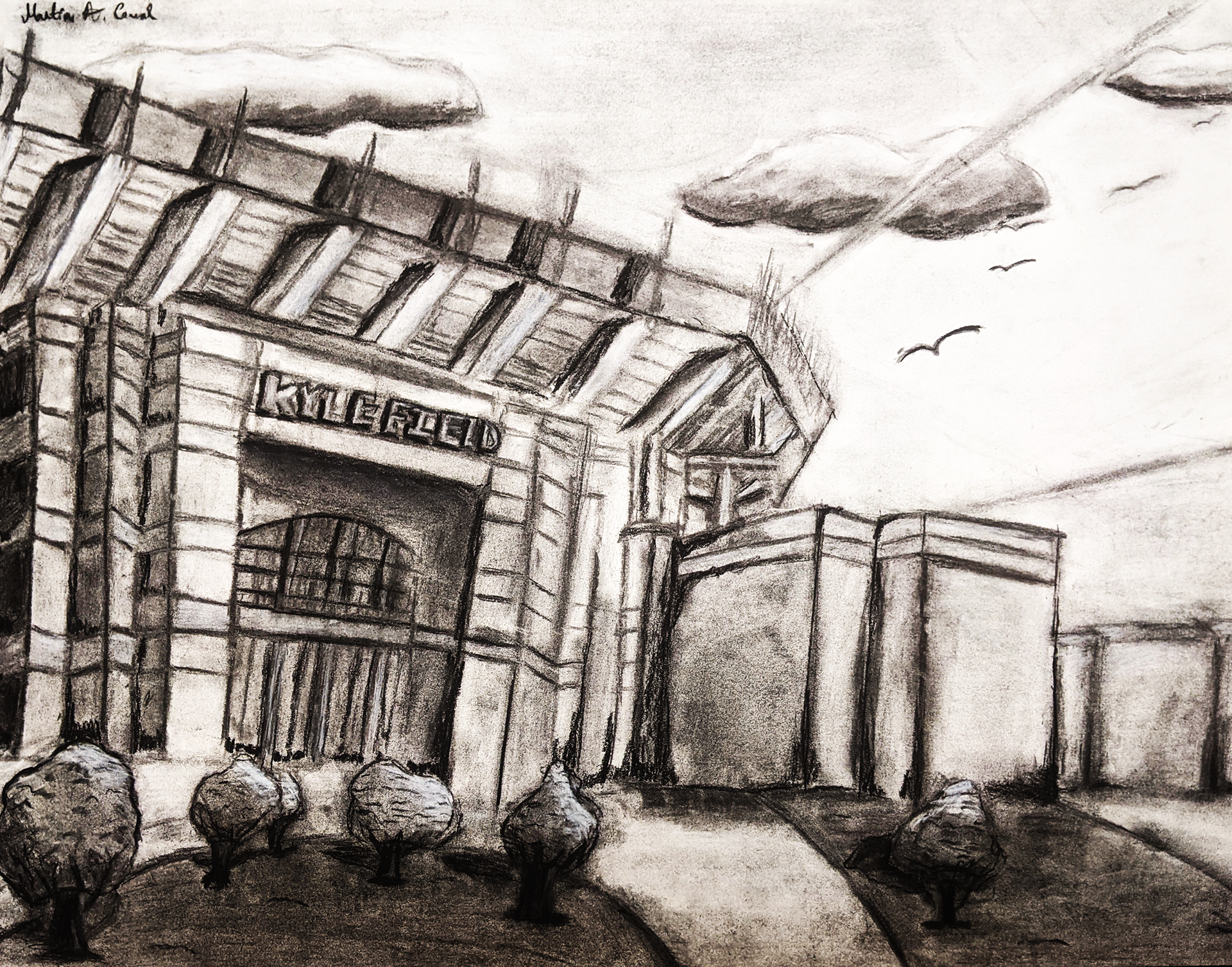 Kyle Field Landscape View Final Project, 2022, Charcoal/Drawing Paper, 24"x18" in.