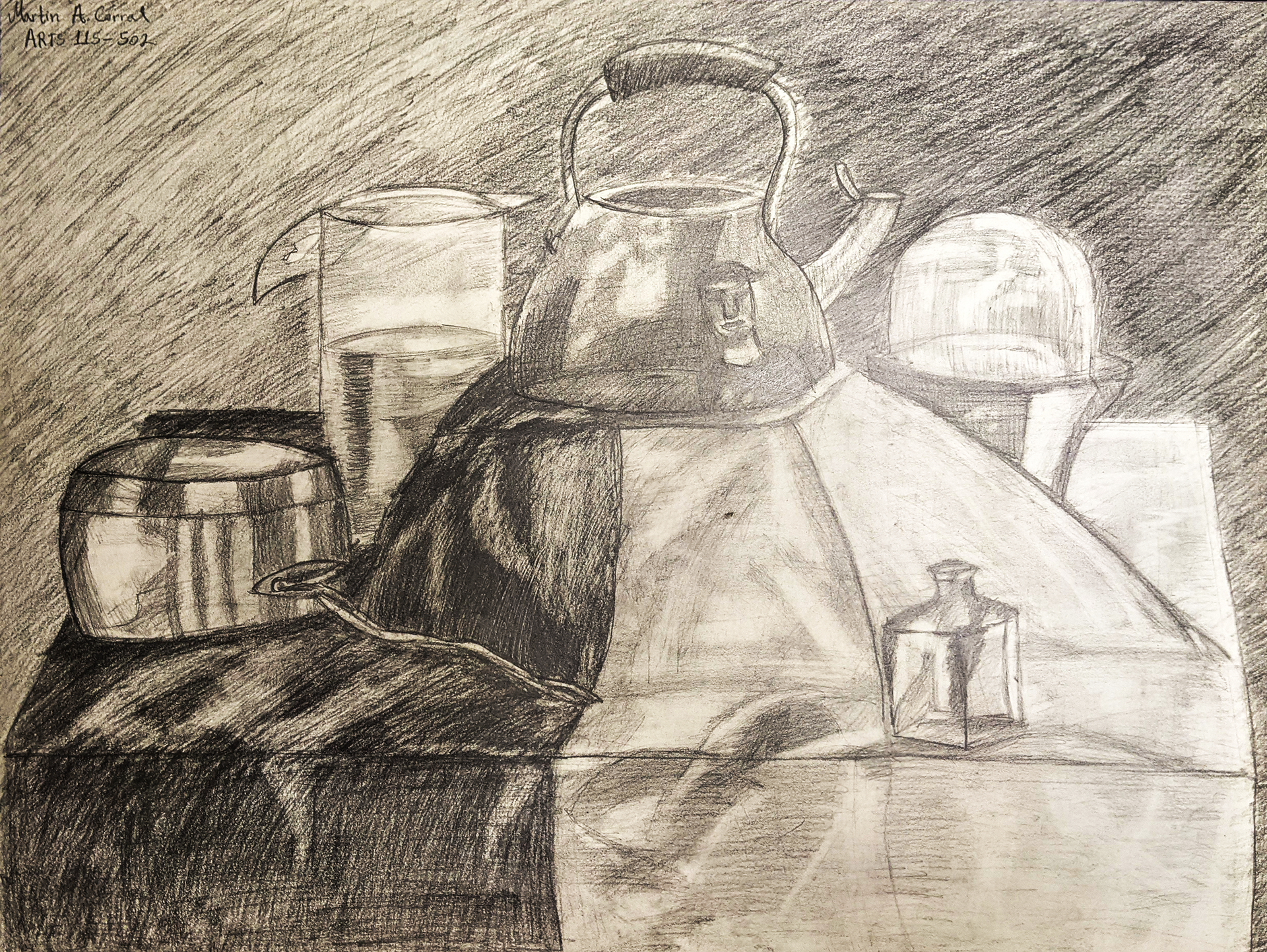 Glass and Metal Still-Life Objects with Emphasis on Surface, 2022, Drawing Paper/Graphite Pencil, 24"x18" in.
