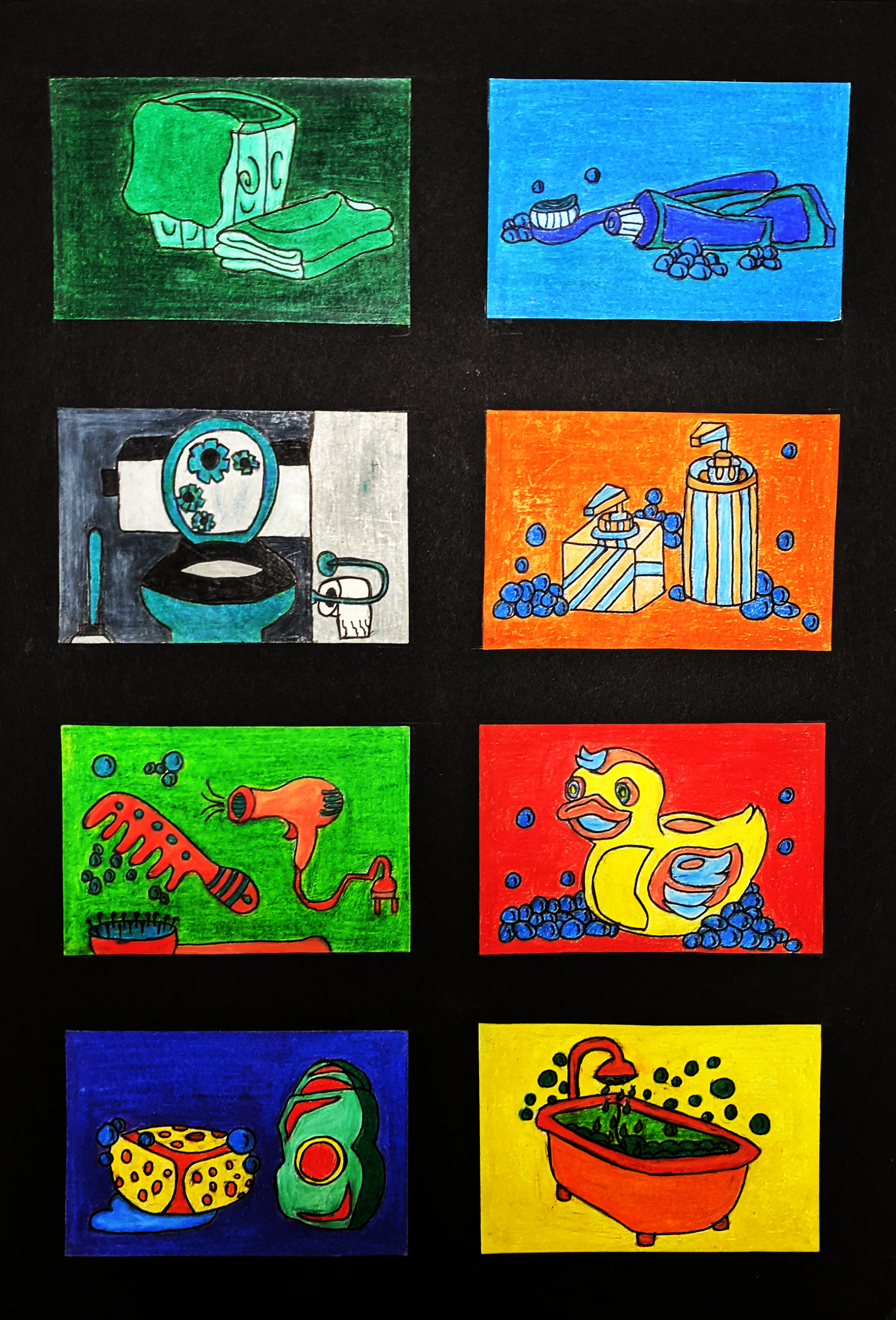 Standard Color Combinations, 2022, Bristol Paper/Black Dry Media/Black Matboard/Prismacolor Colored Pencils/Rubber Cement, 3"x4.5" in.