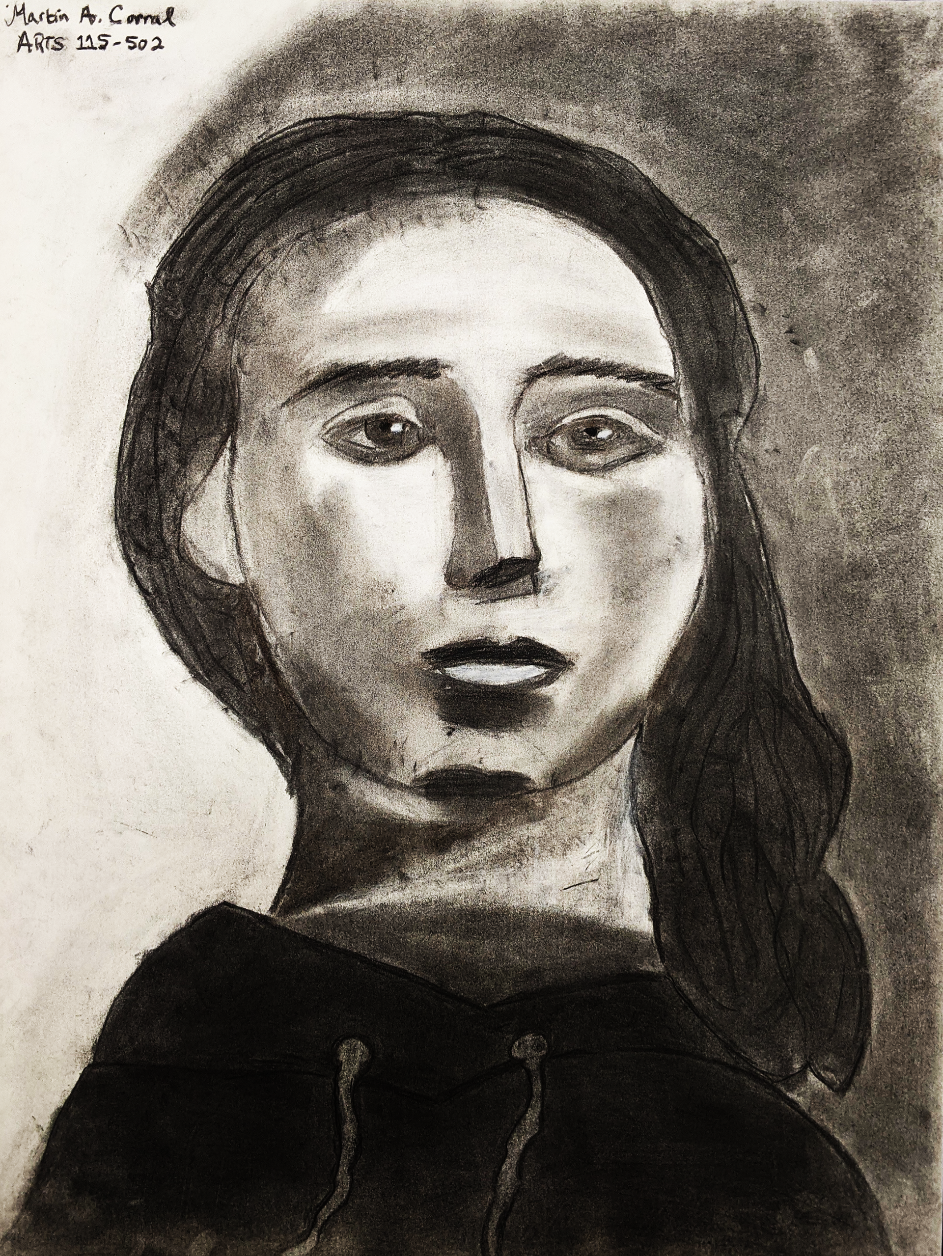 Alexi 3/4 View Portrait, 2022, Charcoal/Drawing Paper, 24"x18" in.