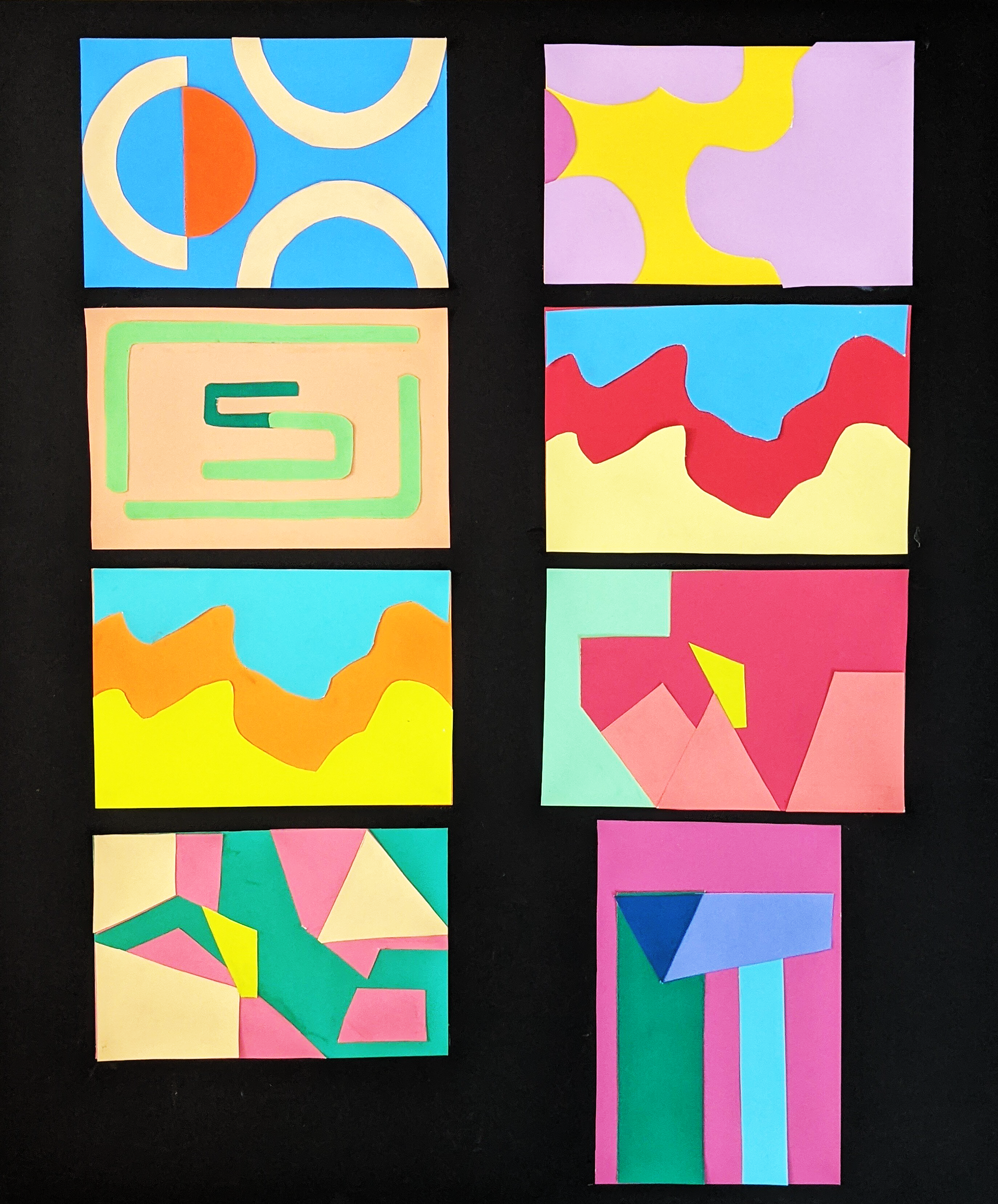 Non-Objective Abstract Collage, 2024, Bristol Paper/Color Aid Paper/Black Matboard/Rubber Cement, 20"x17.5" in.