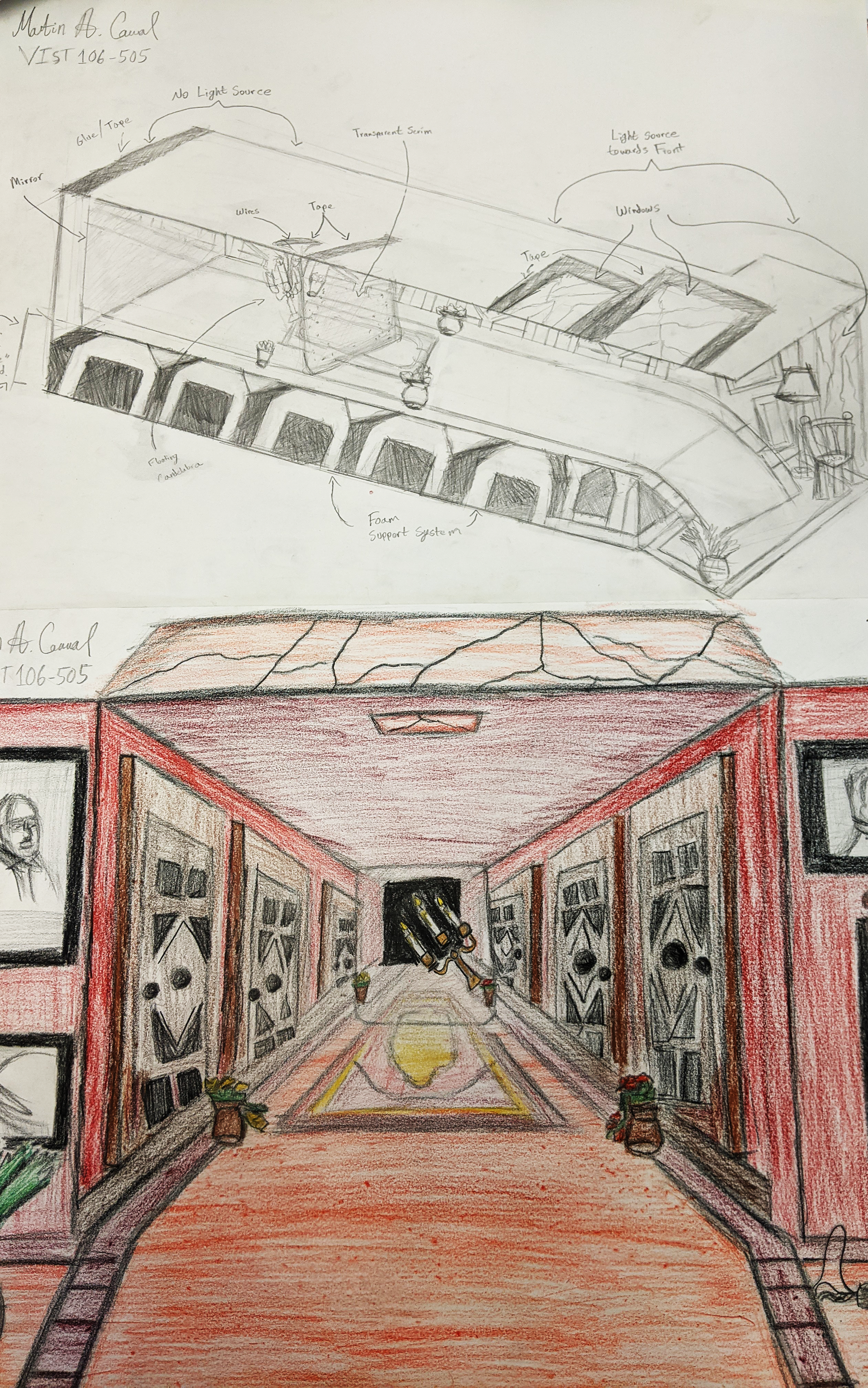 Haunted Mansion Endless Hallway Inspired Diorama Scene & Isometric Drawings, 2023, Drawing Paper/Graphite Pencil/Prismacolor Colored Pencils, 24"x18" in.