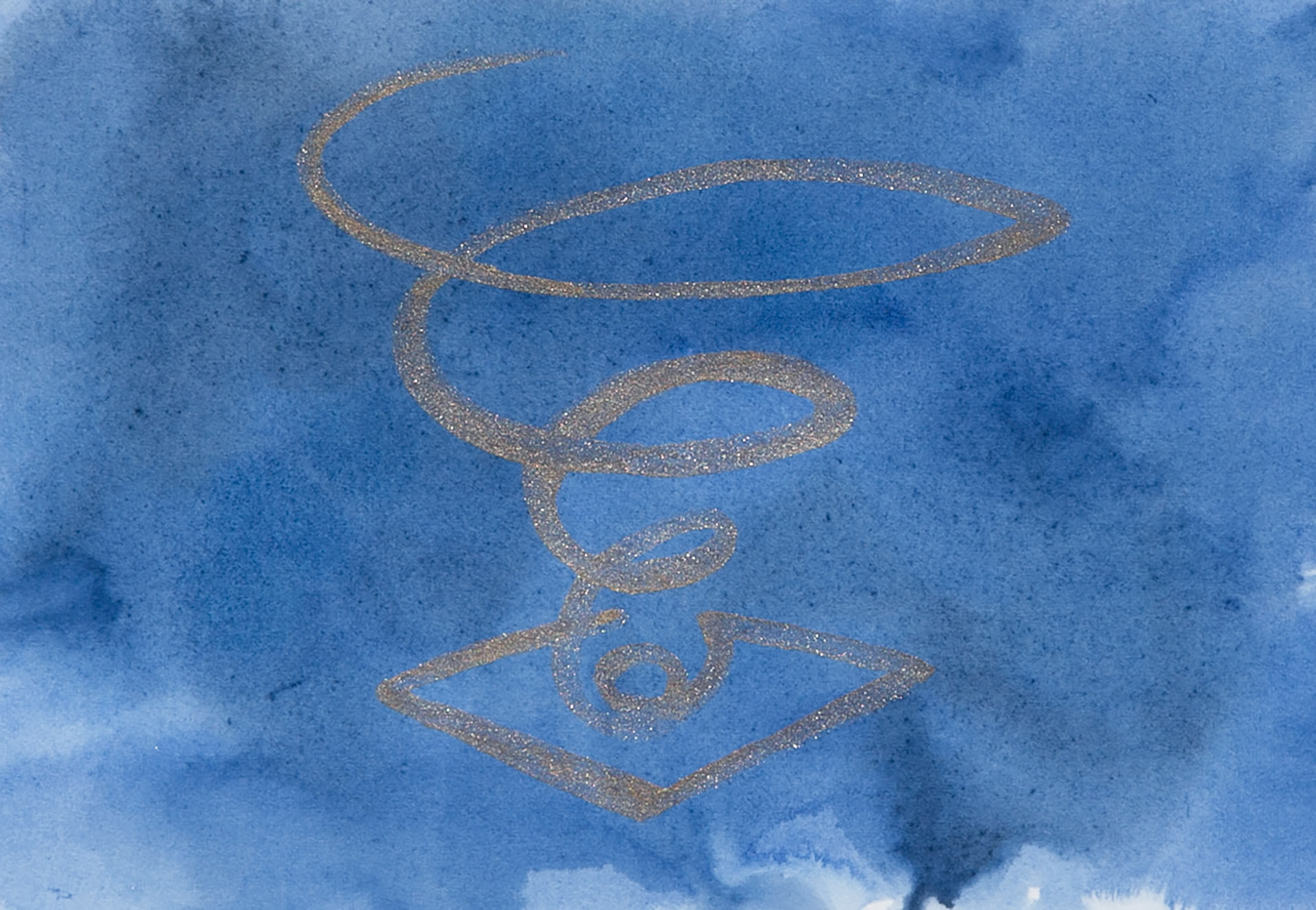 painting of a 3D gold spiral sitting on a square foundation and getting bigger as it rises on a blue field