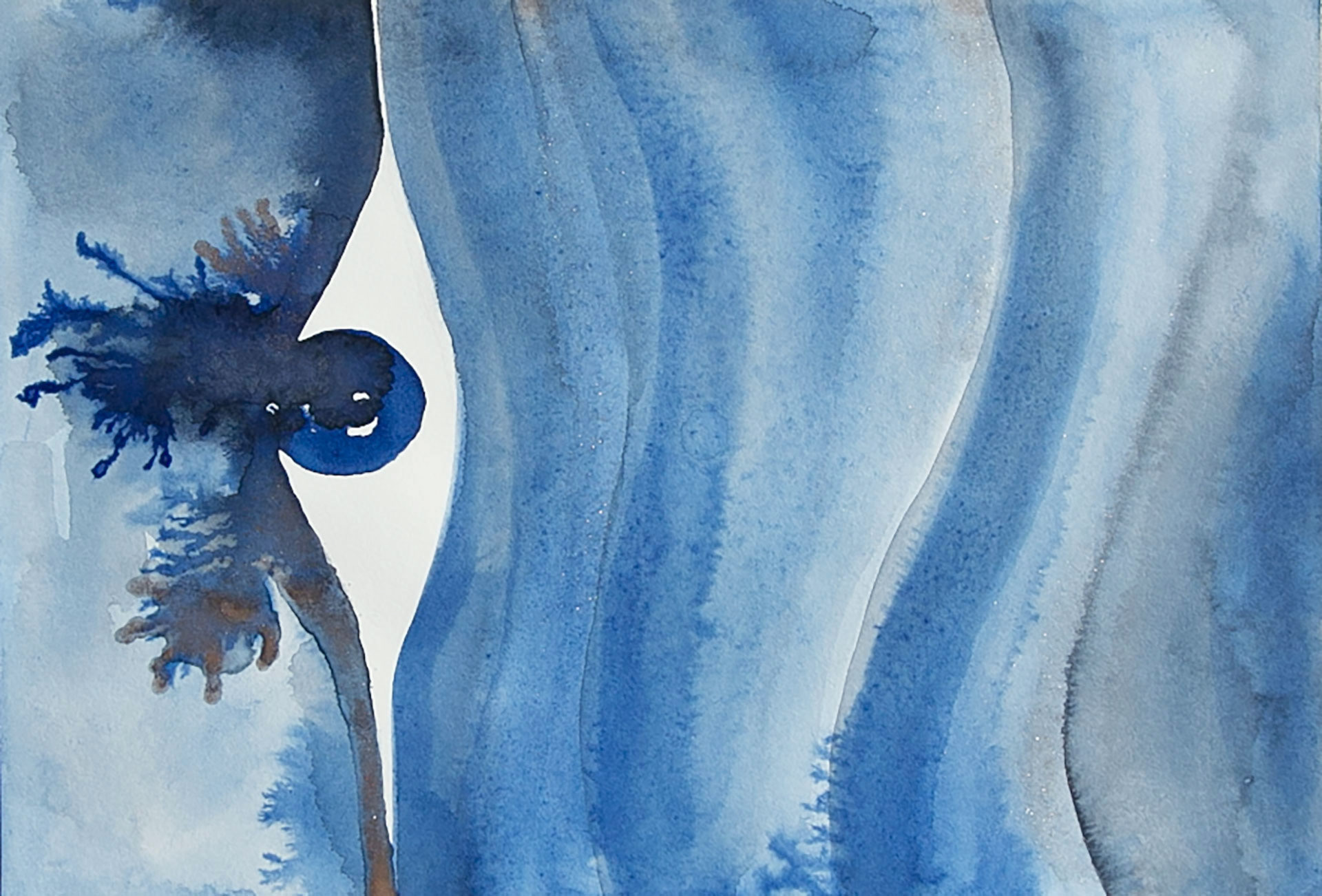 painting of an eye turned sideways on a blue, wavy field