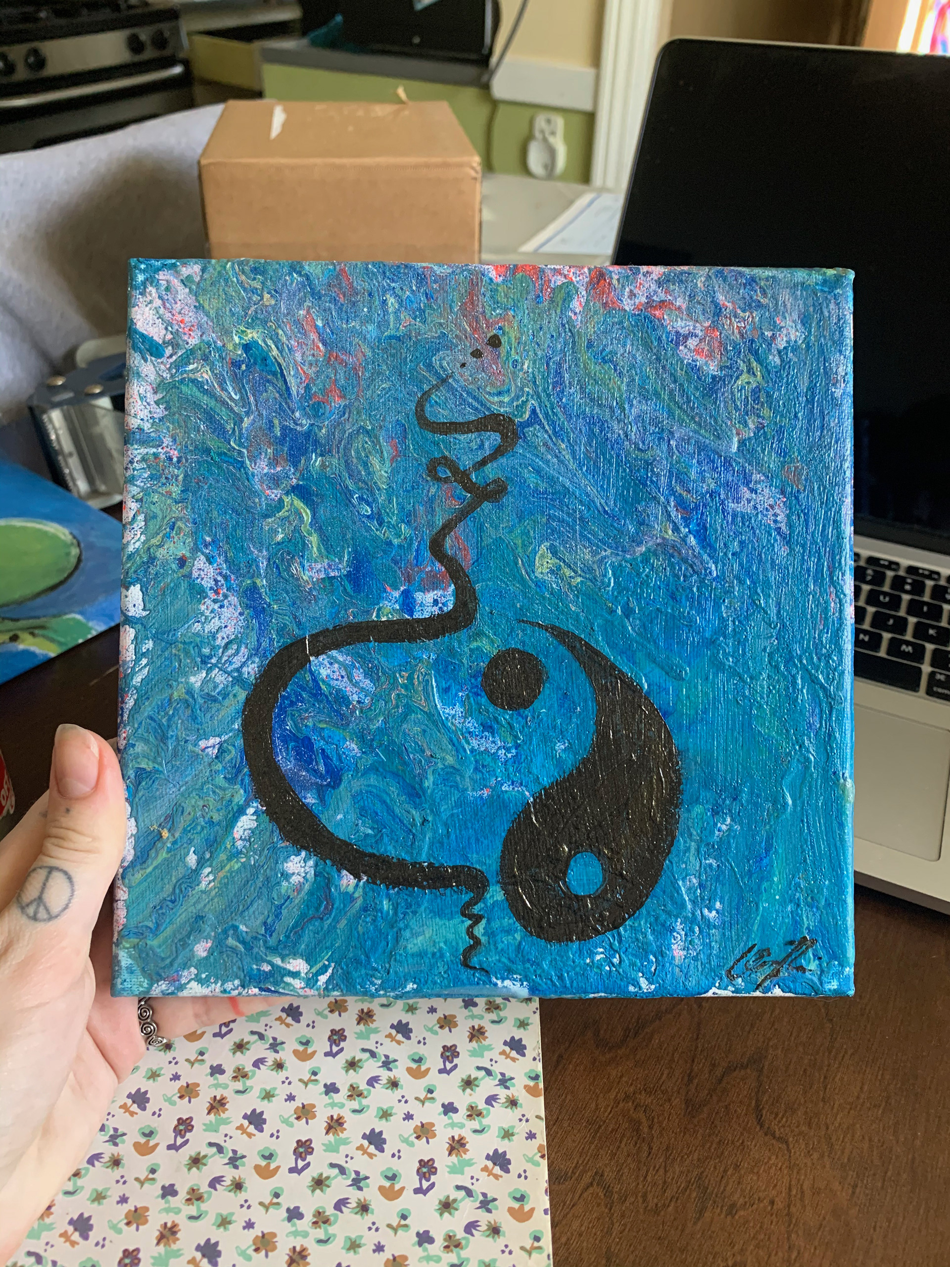Fluid painting with metallic paint on canvas. July 2020.