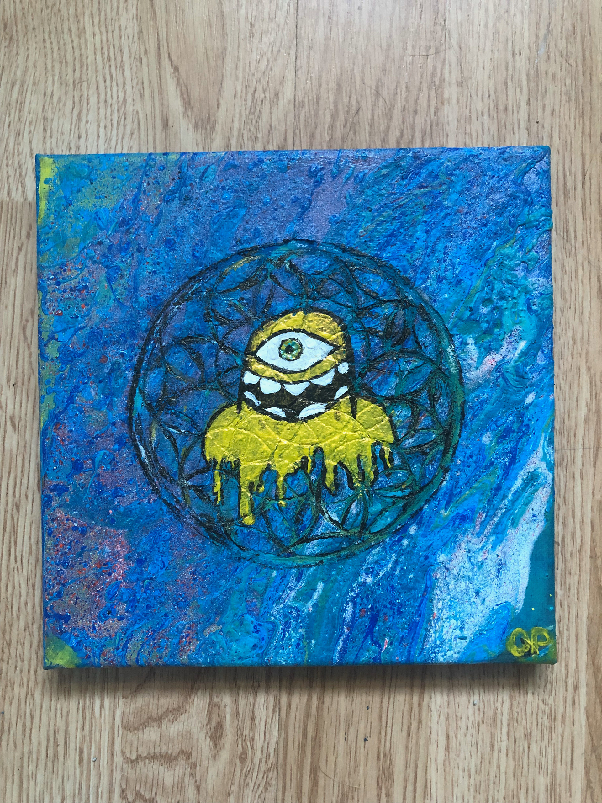 Fluid painting with metallic paint details on canvas. July  2019.