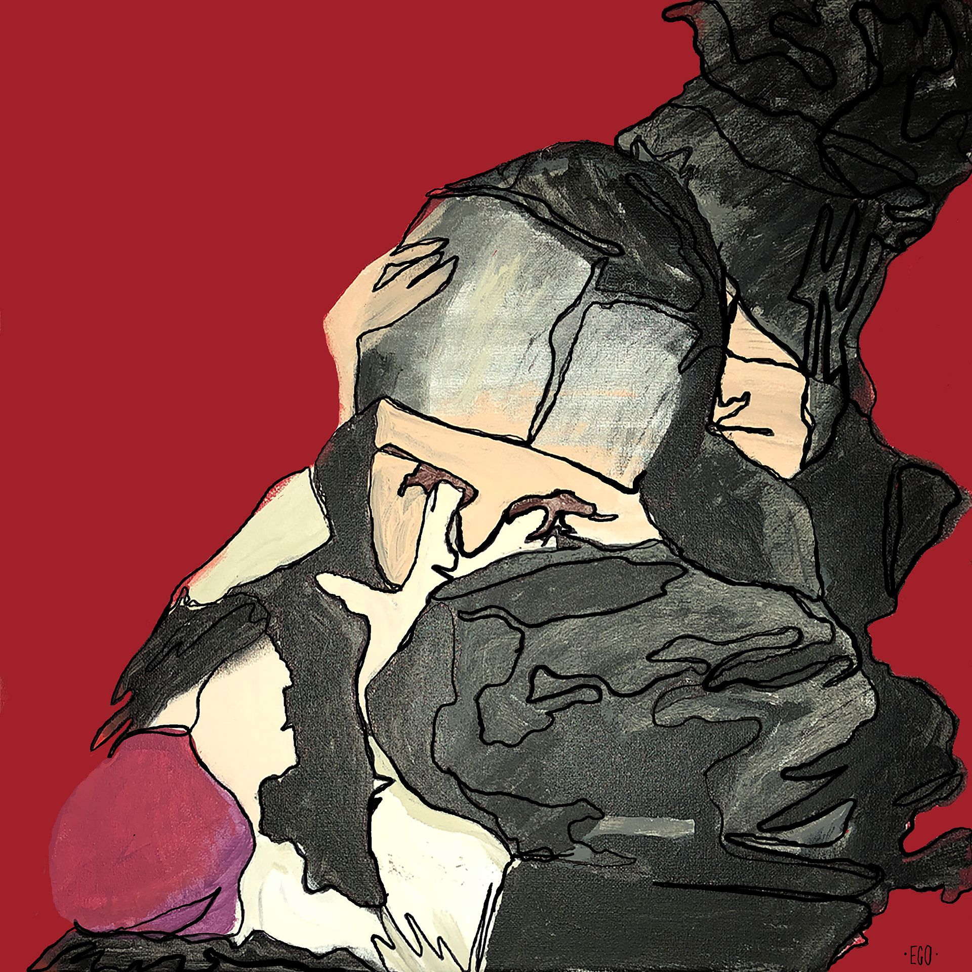 Abstract continuous line painting done on canvas with acrylic paint, then partially digitized in Photoshop.