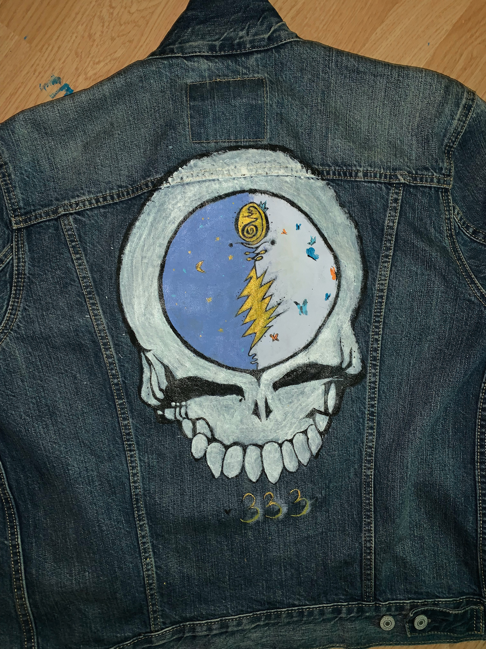 Acrylic and fabric paint on denim jacket. 1/1 custom. December 2020.