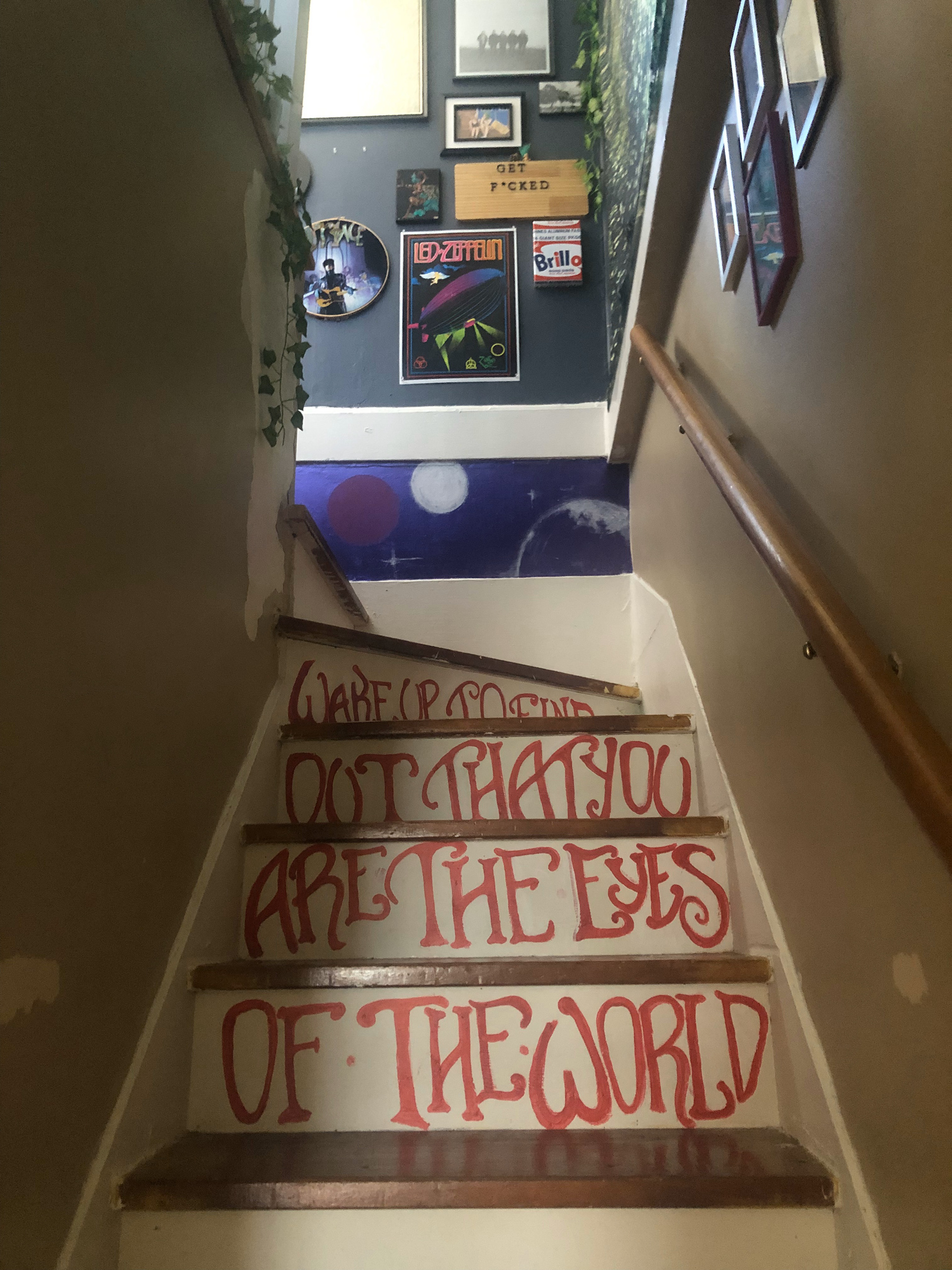 Acrylic paint quote on stair risers. August 2019.