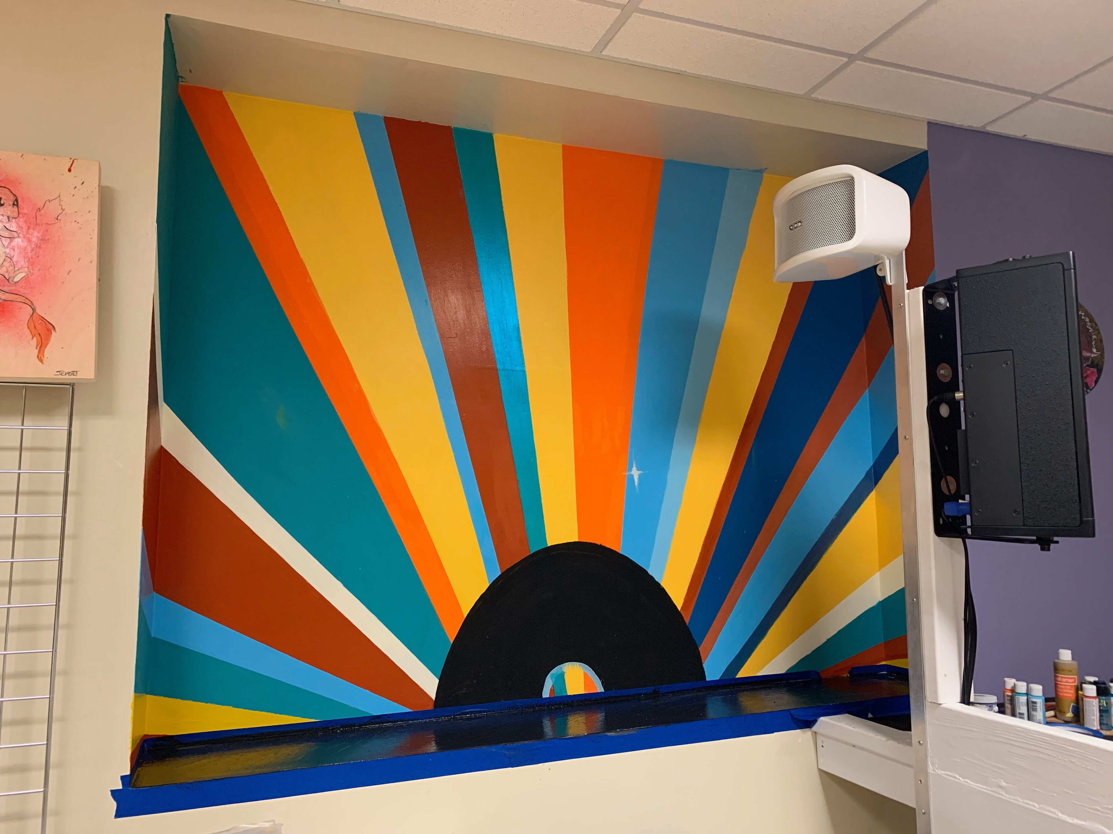 Mural with acrylic and wall paint at Hairball Records.  August 2019.